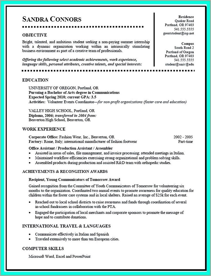 College Student Resume For Sumer Job