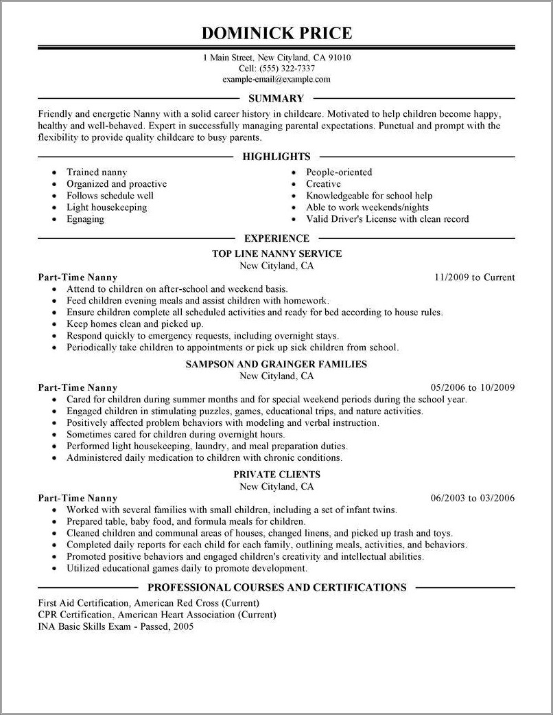 College Student Resume Part Time Job