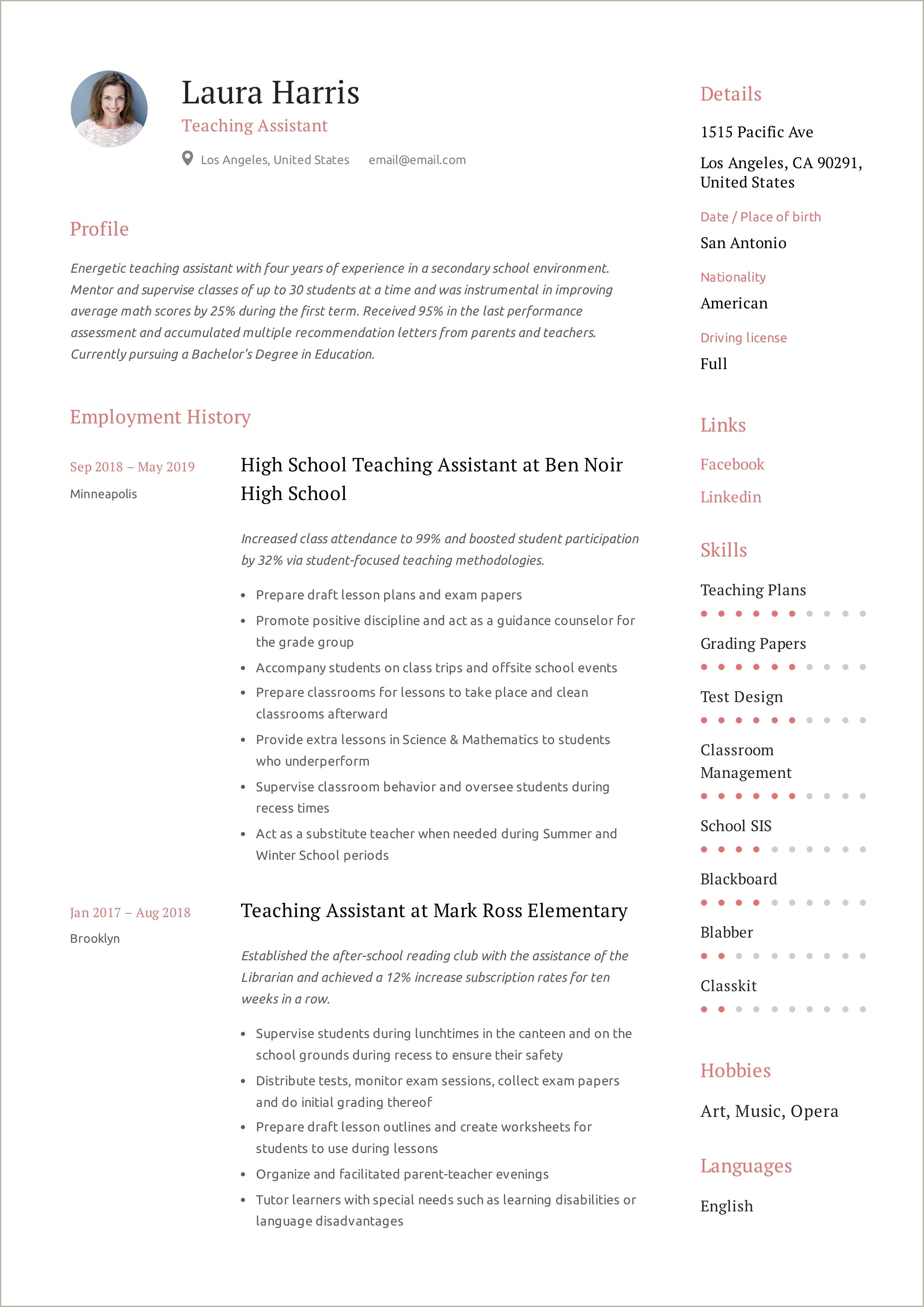 College Student Resume Sample Teaching Assistant