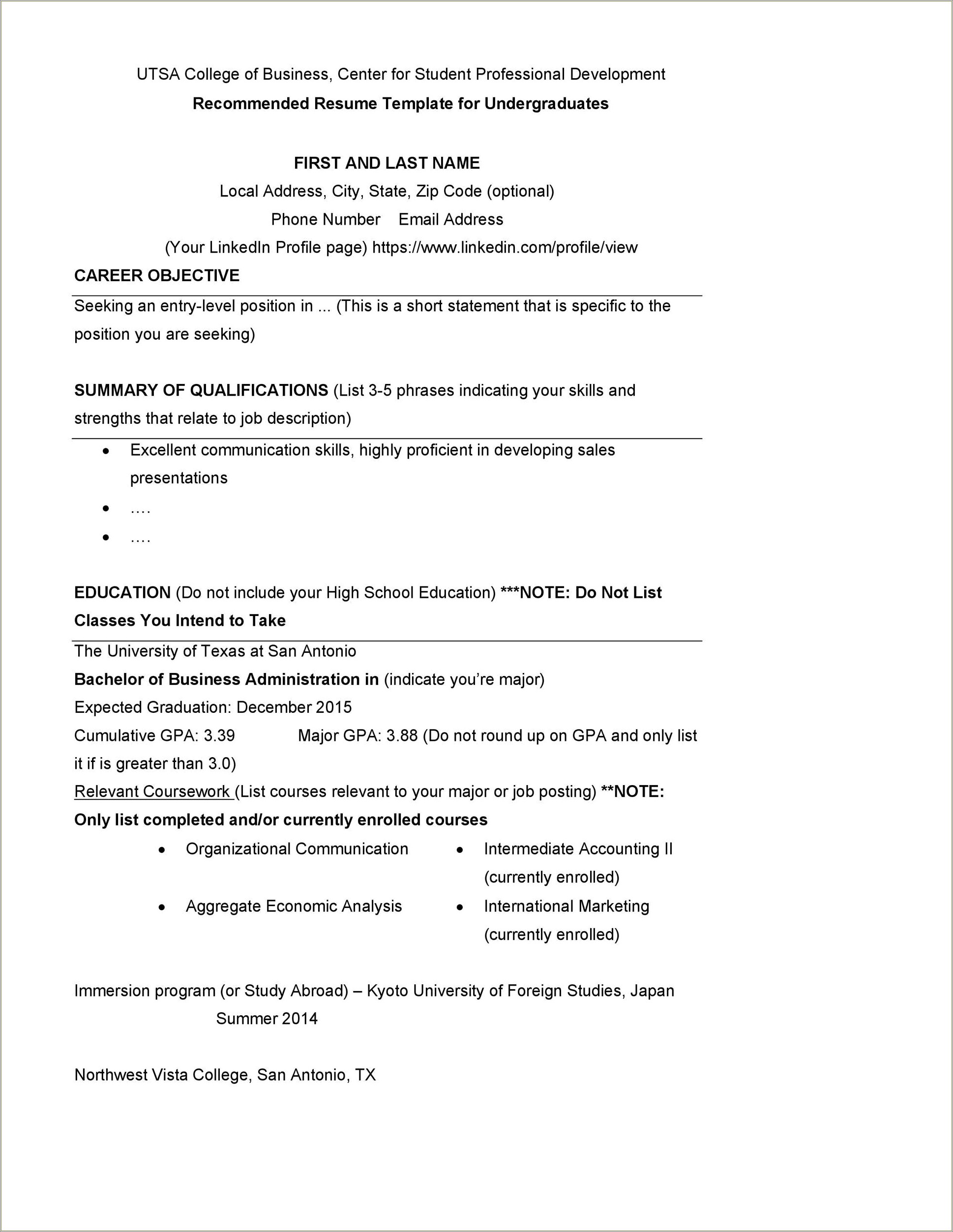 College Student Resume Template Free Online