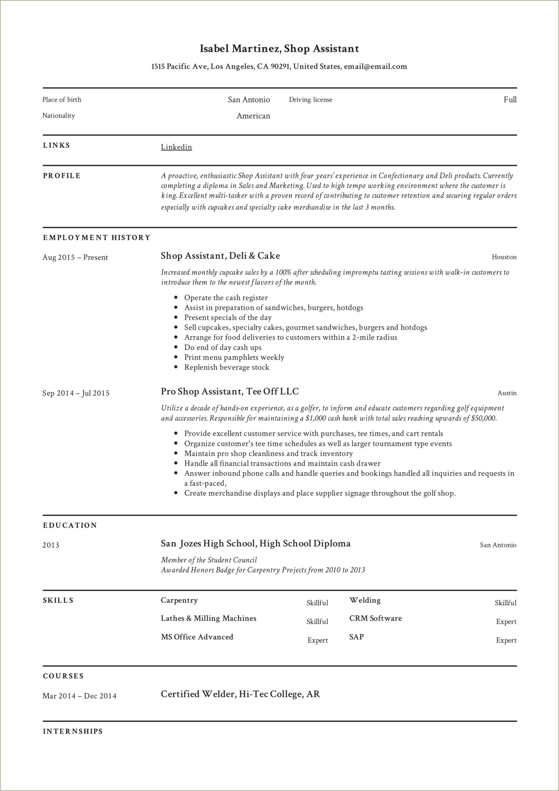 College Student Retial Job Resume Format