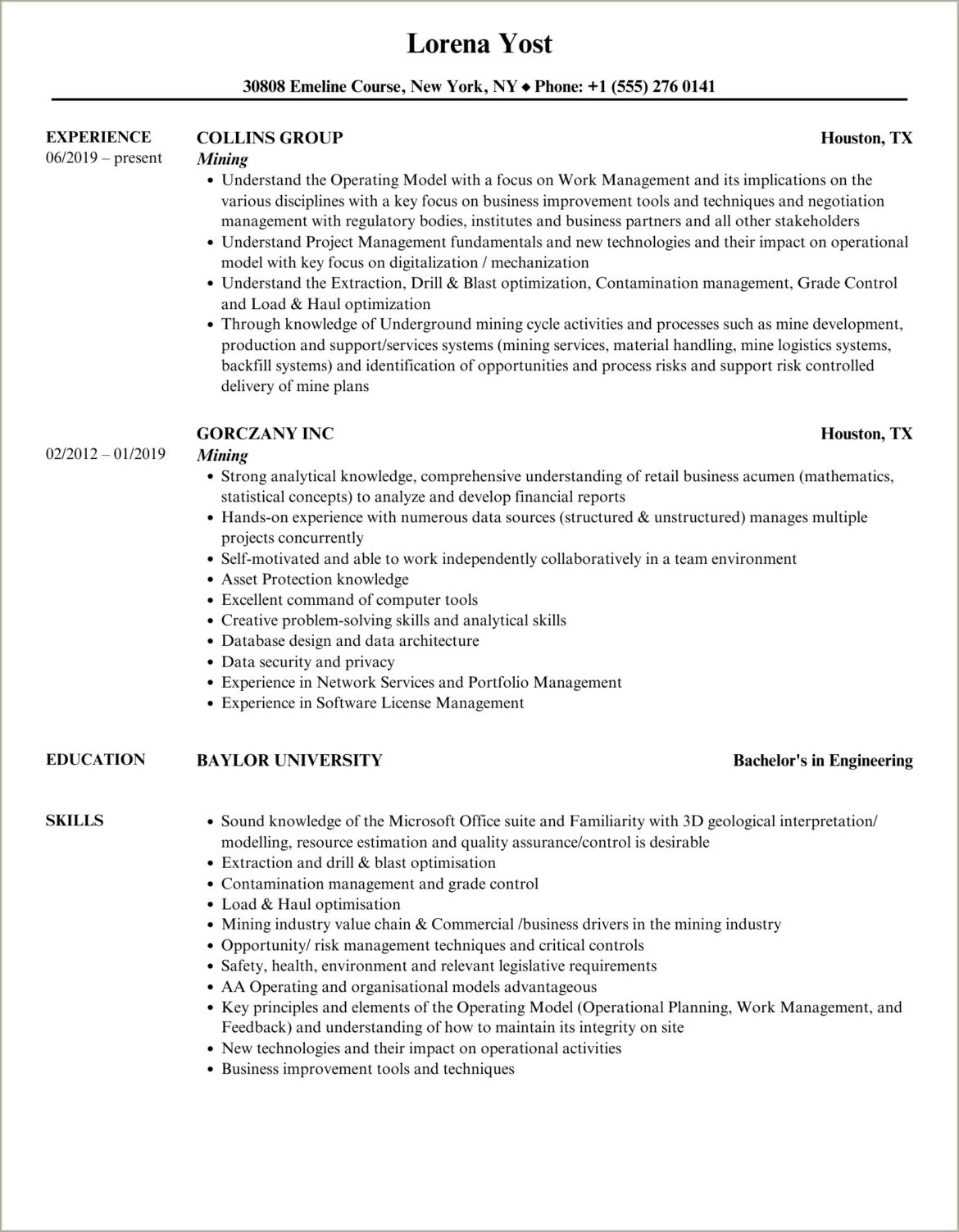 Colorado School Of Mines Sample Resume