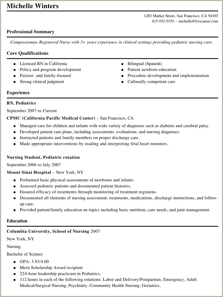 Columbia University School Of Nursing Resume Examples