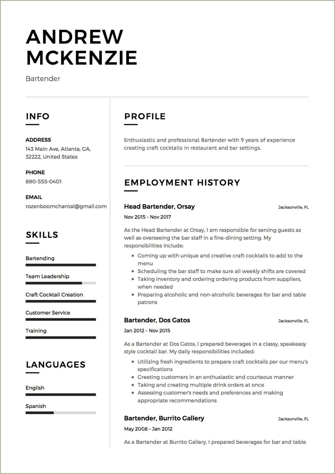 Combination Resume Sample From Bar Tender To Clerical