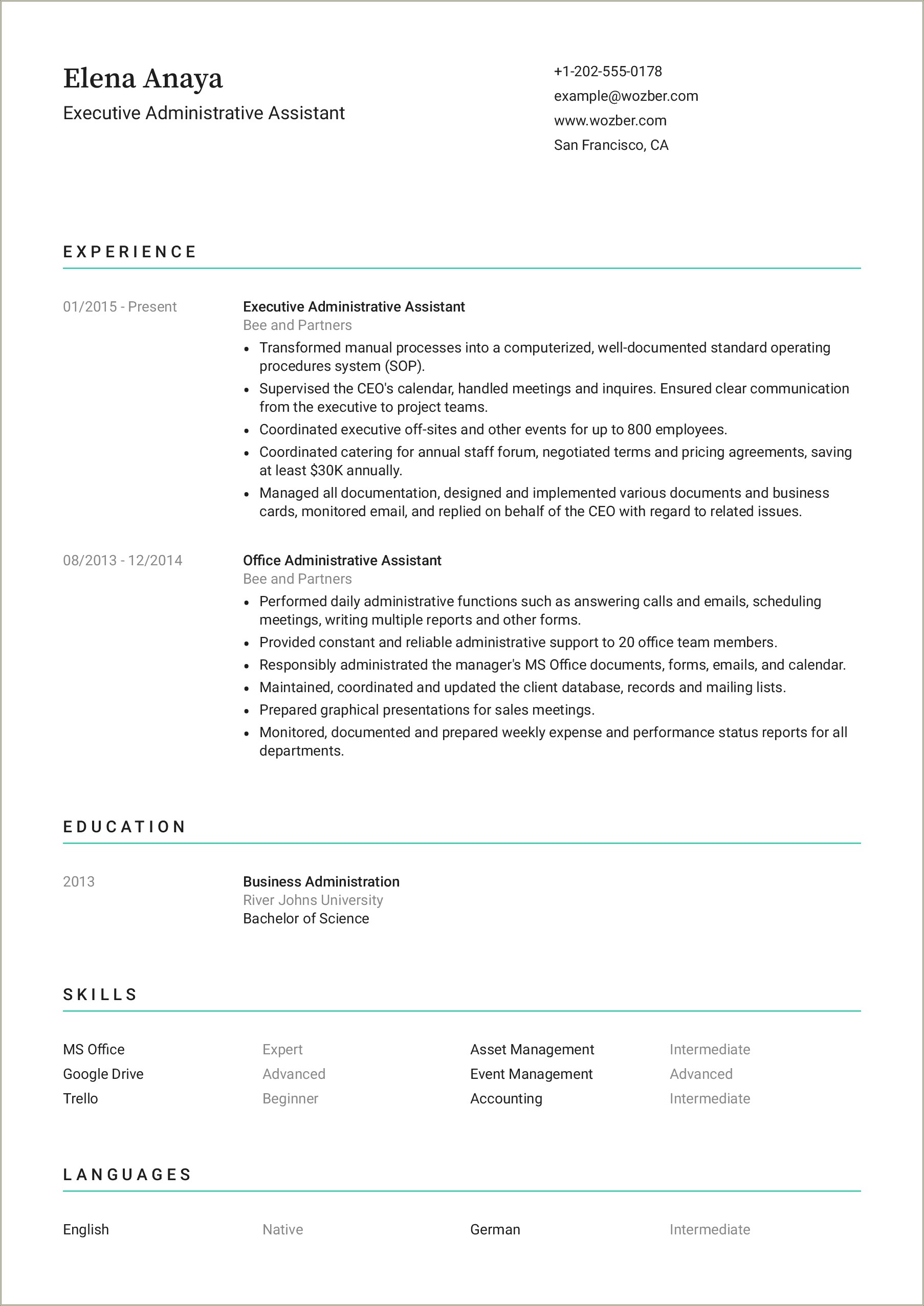 Combination Style Resume Examples For Administrative Assistant