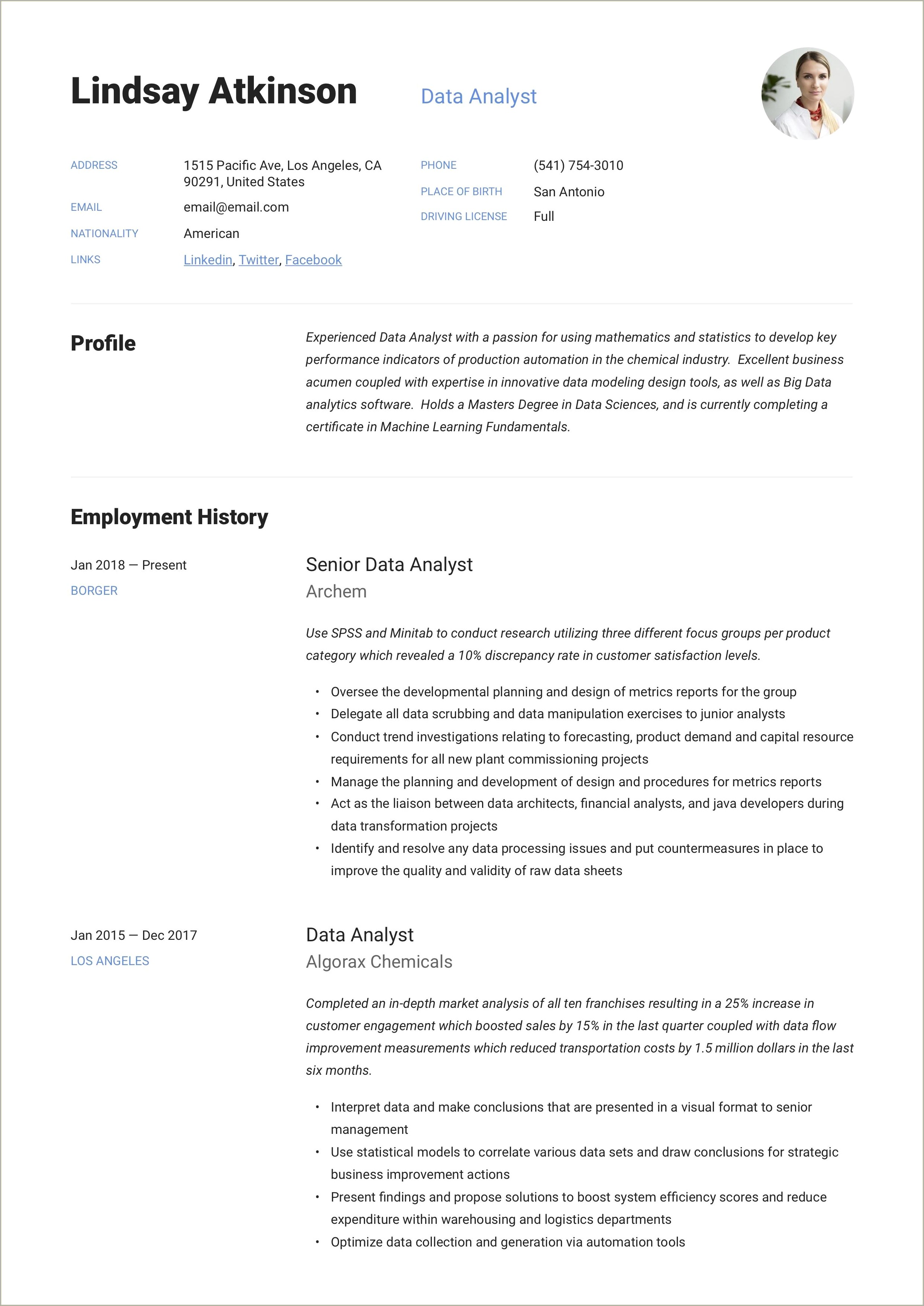 Combined Resume Format Examples Data Analyst