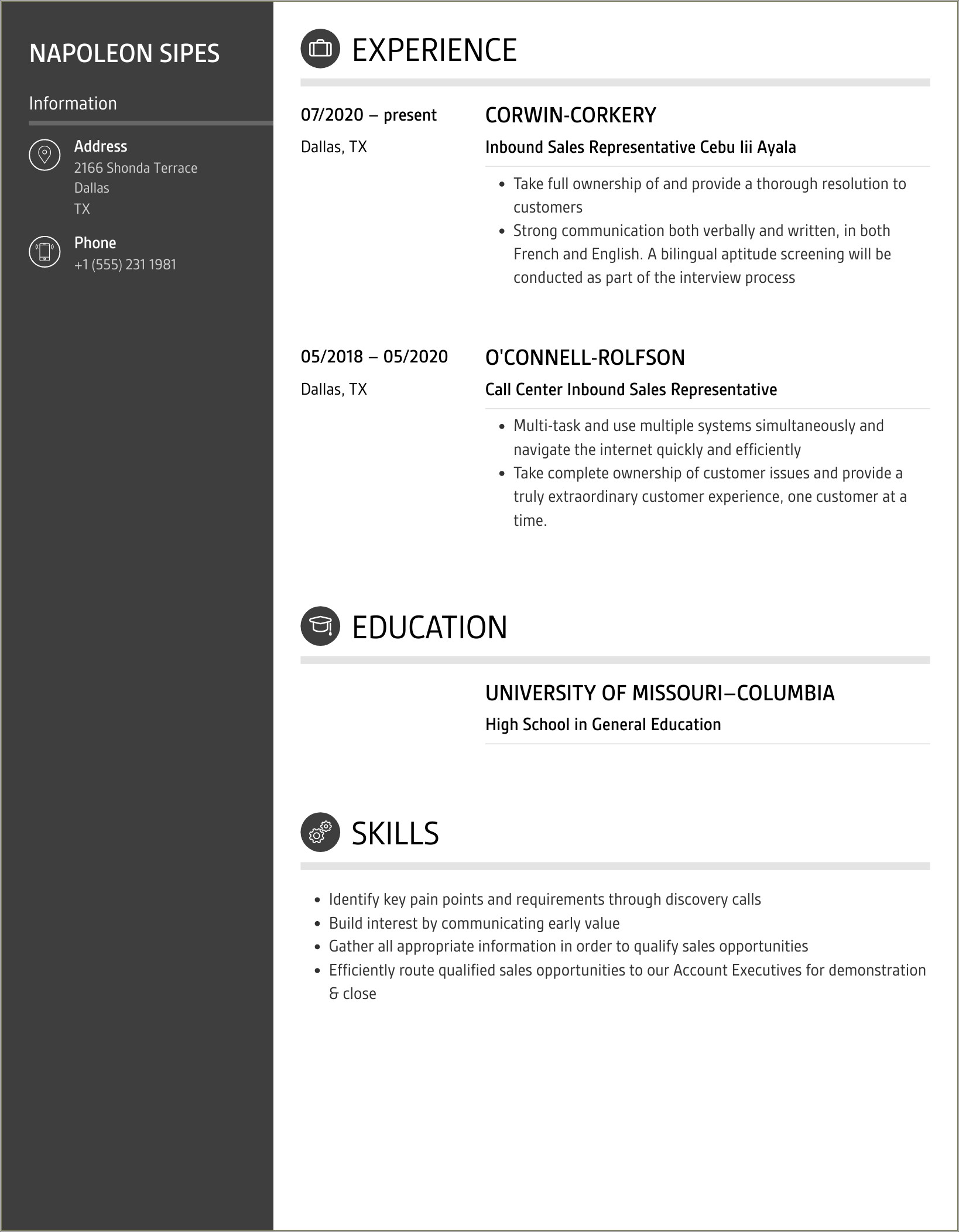Comcast Business Inbound Sales Rep Resume Examples