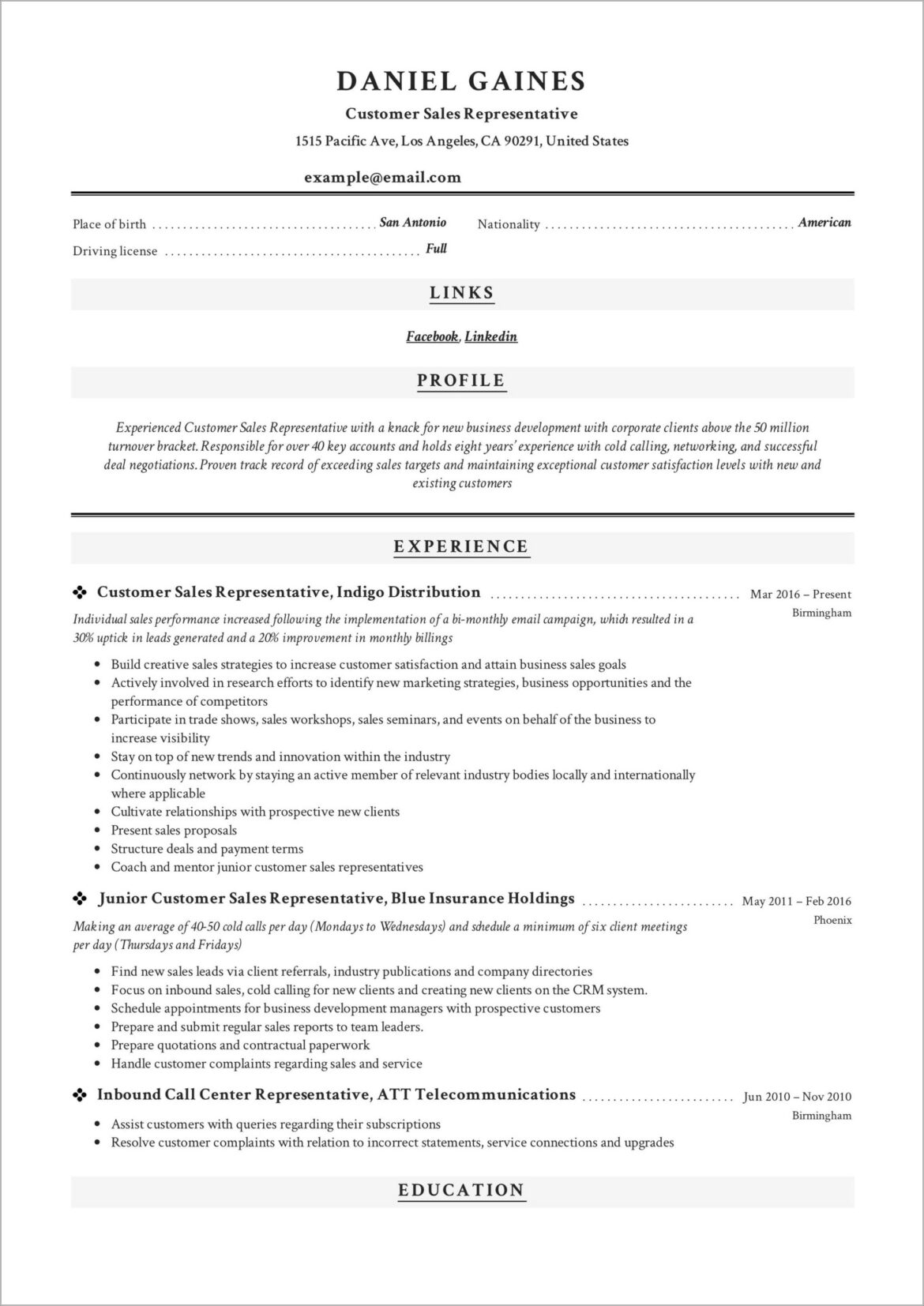 Comcast Call Center Representative Resume Example