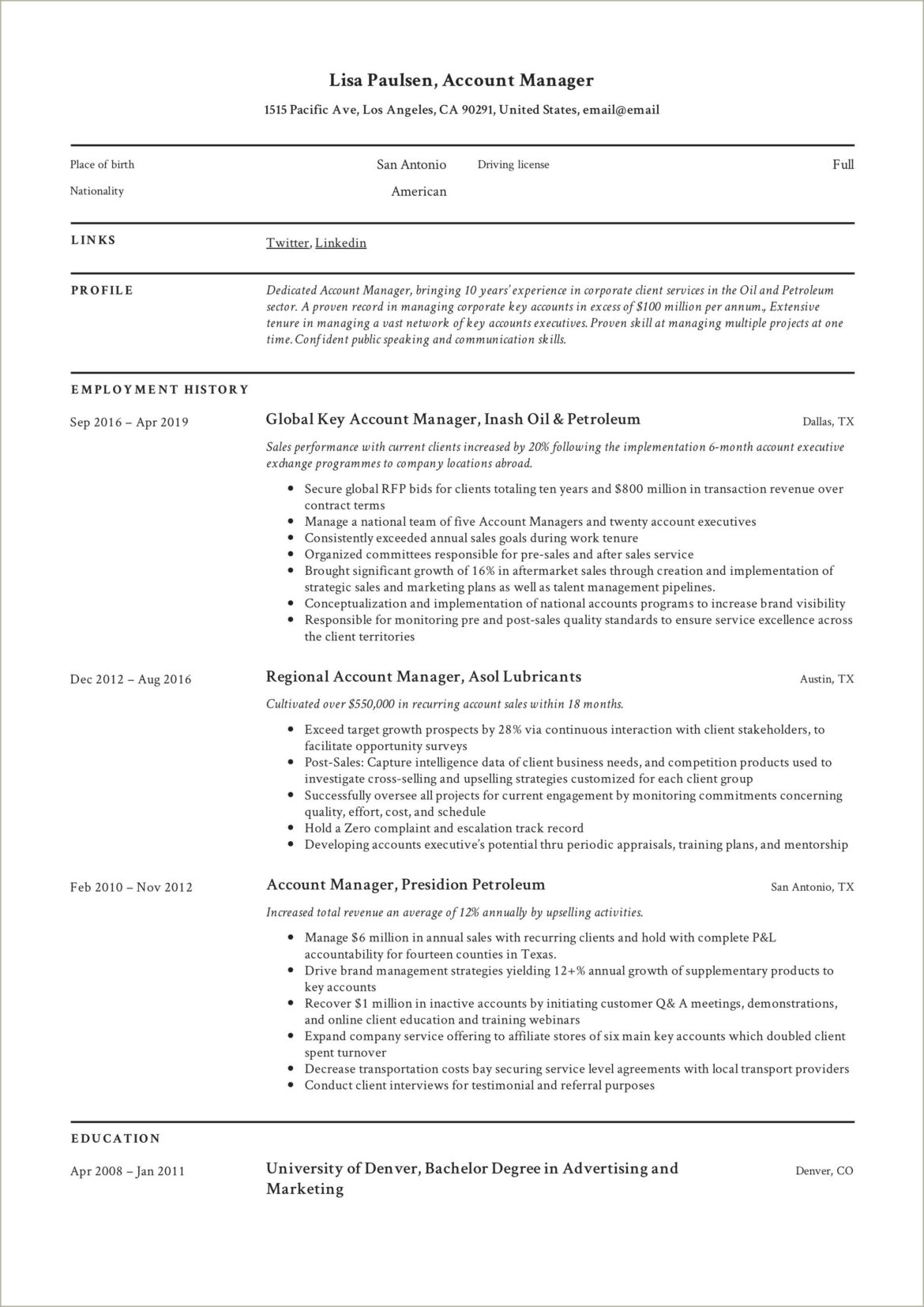 Commercial Account Manager On A Resume