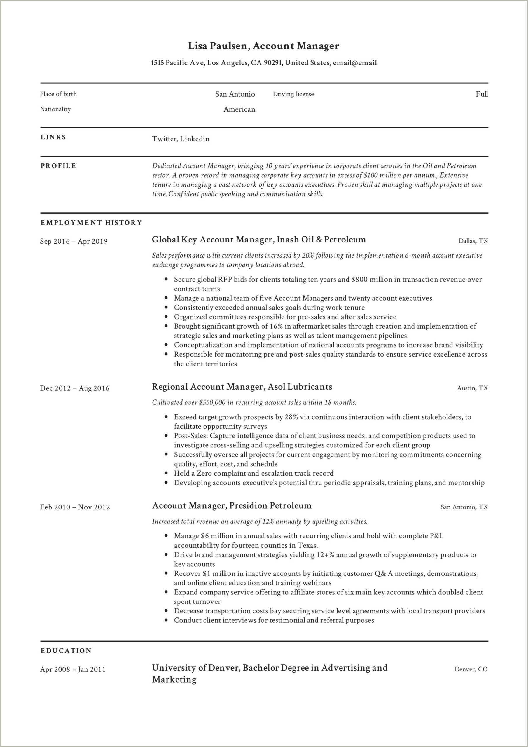 Commercial Account Manager On A Resume