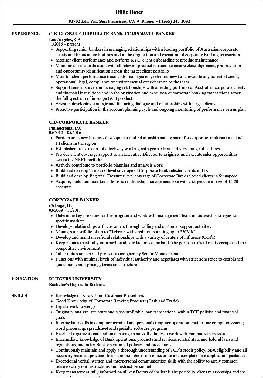 Commercial And Institutional Banker Sample Resume