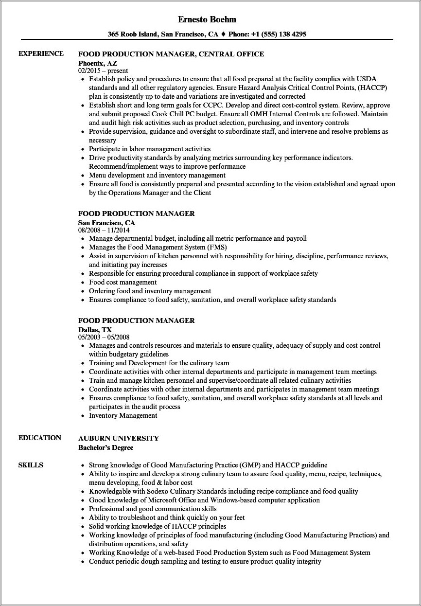 Commercial Baking Unit Manager Sample Resume