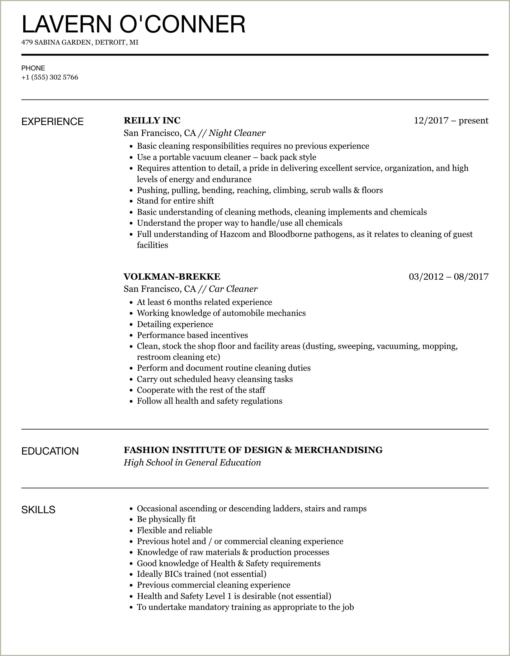 Commercial Cleaner Job Description For Resume