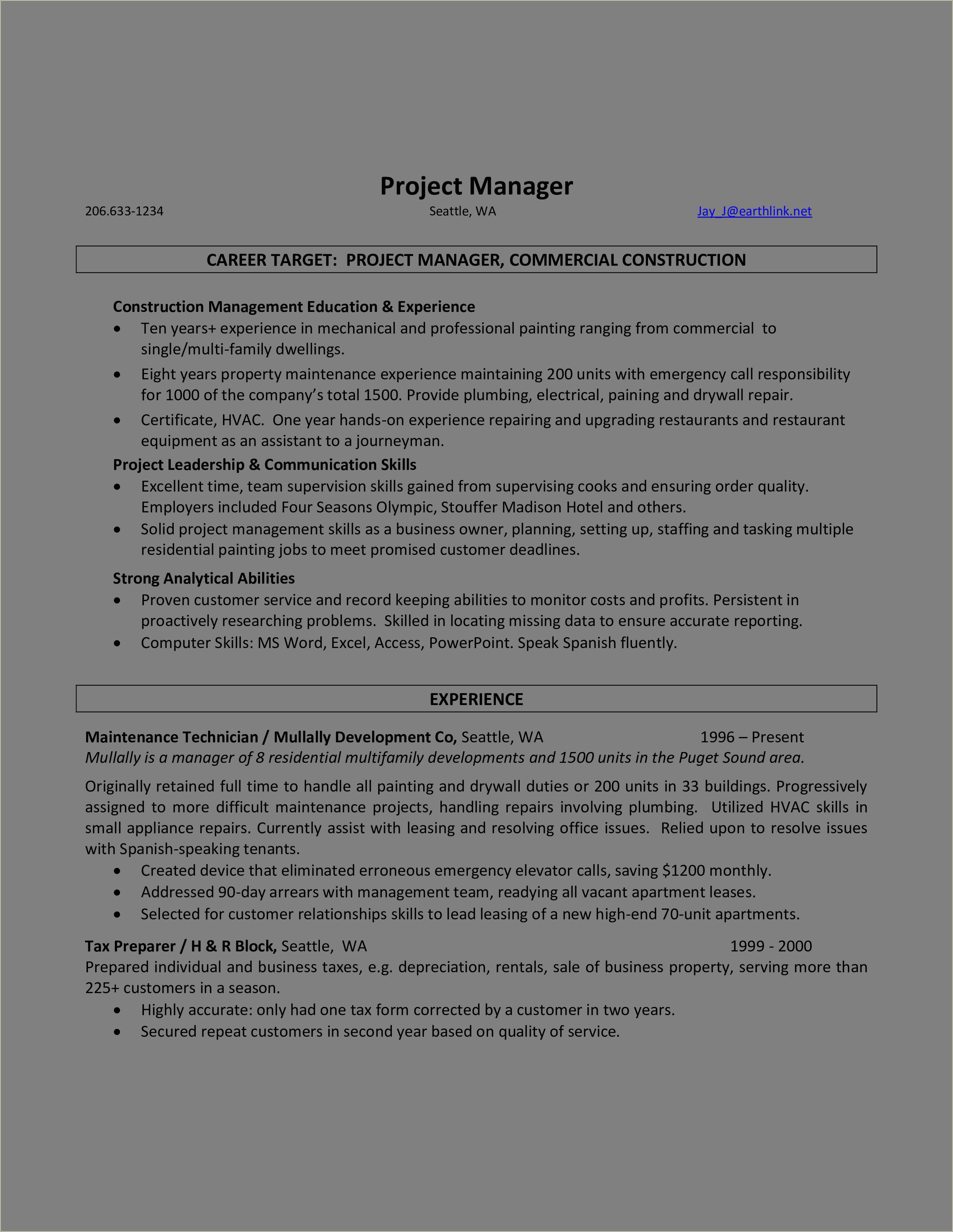 Commercial Construction Project Manager Resume Sample