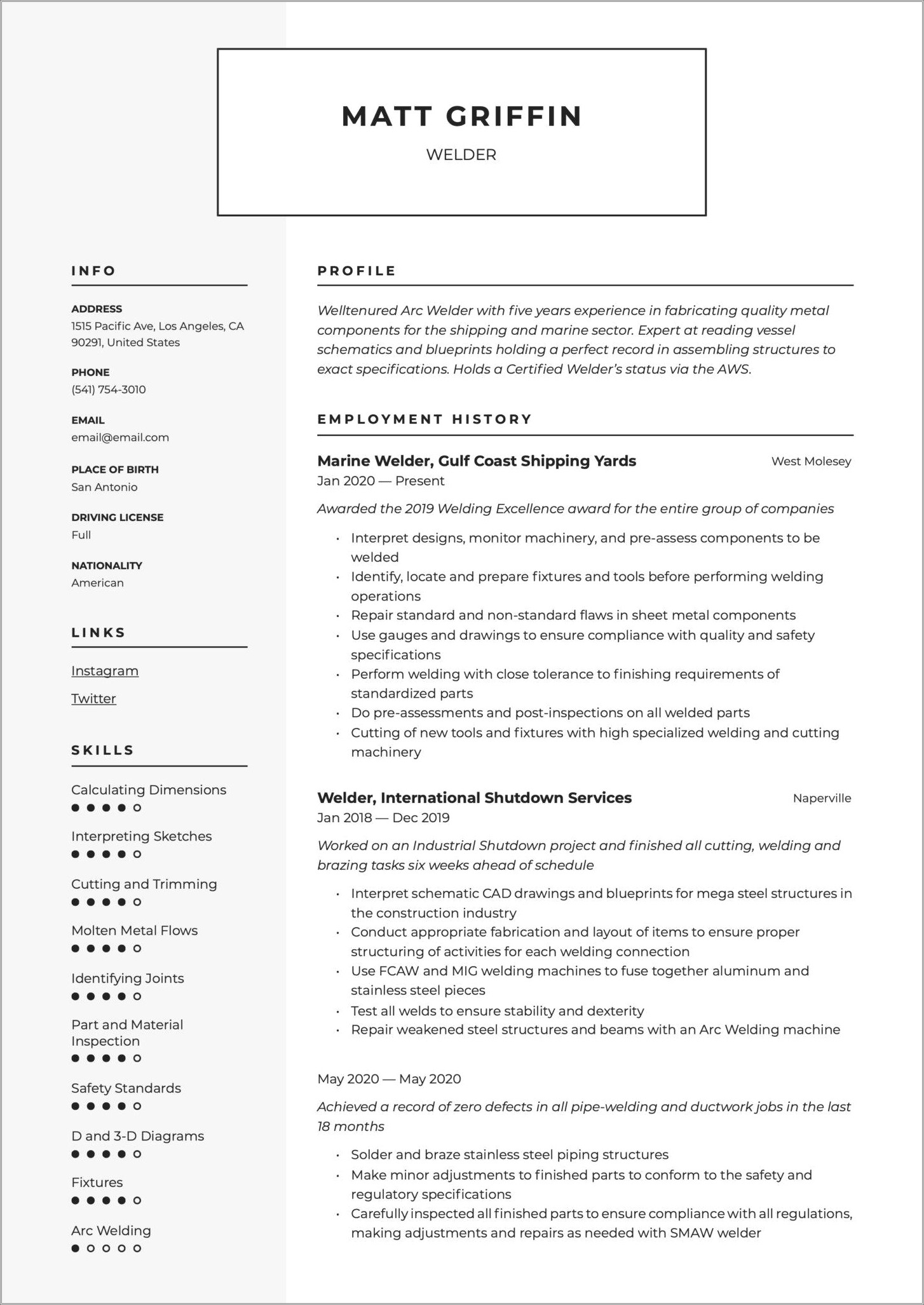 Commercial Diver And Welding Resume Sample