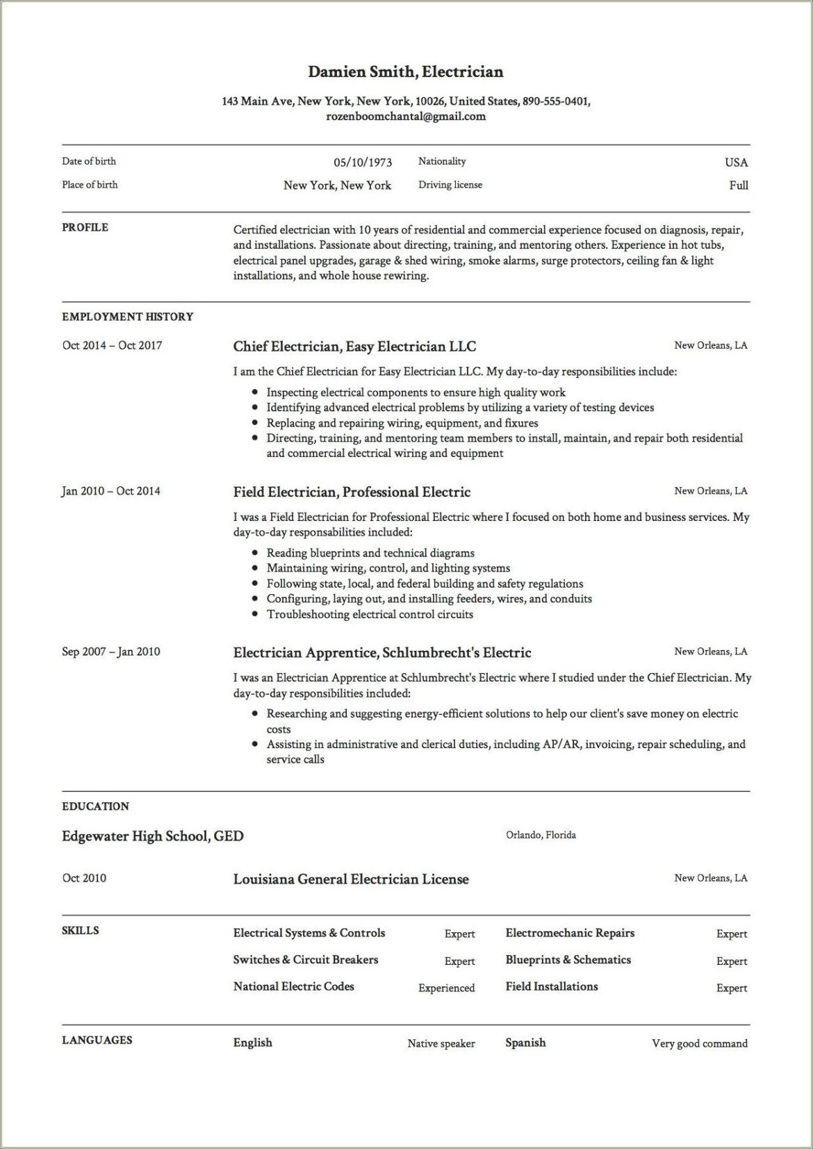 Commercial Electrician Job Description For Resume