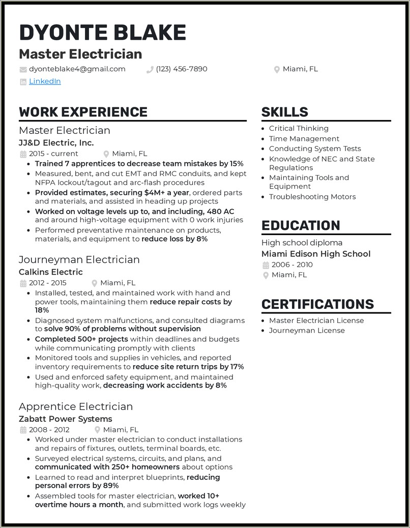 Commercial Electrician With 2 Years Experience Resume