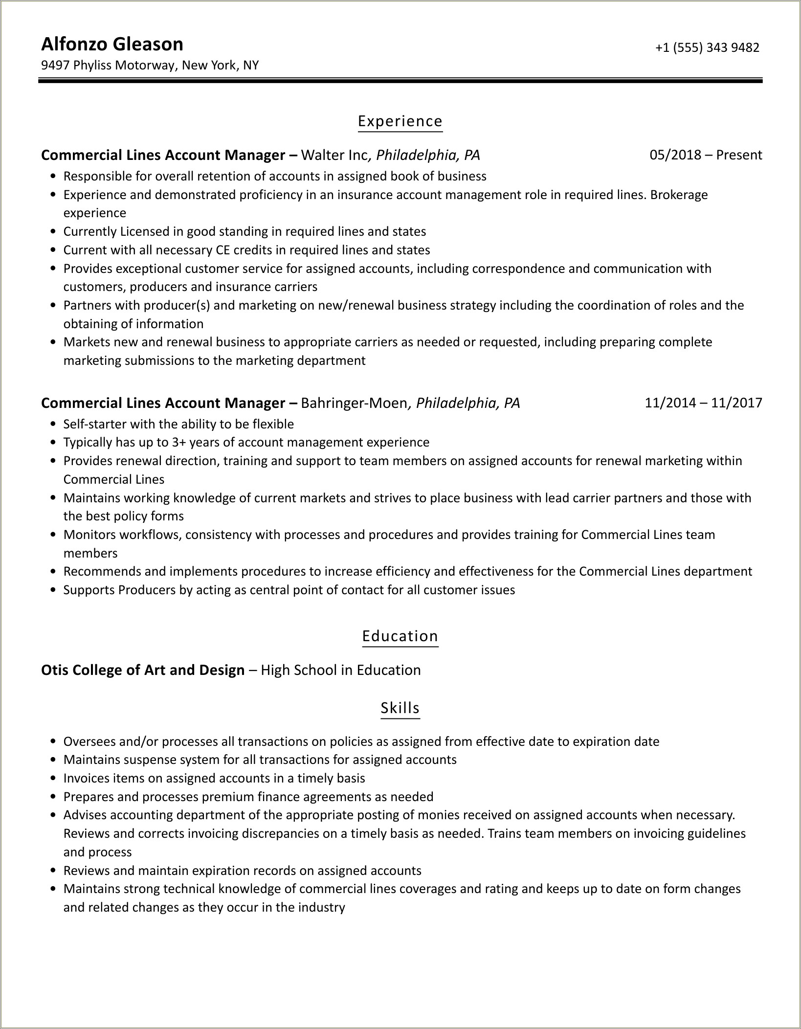 Commercial Insurance Account Manager Resume Sample