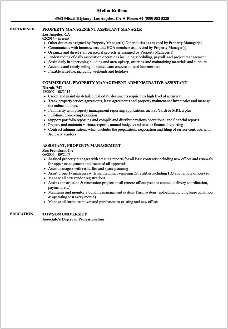 Commercial Property Management Job Description For Resume