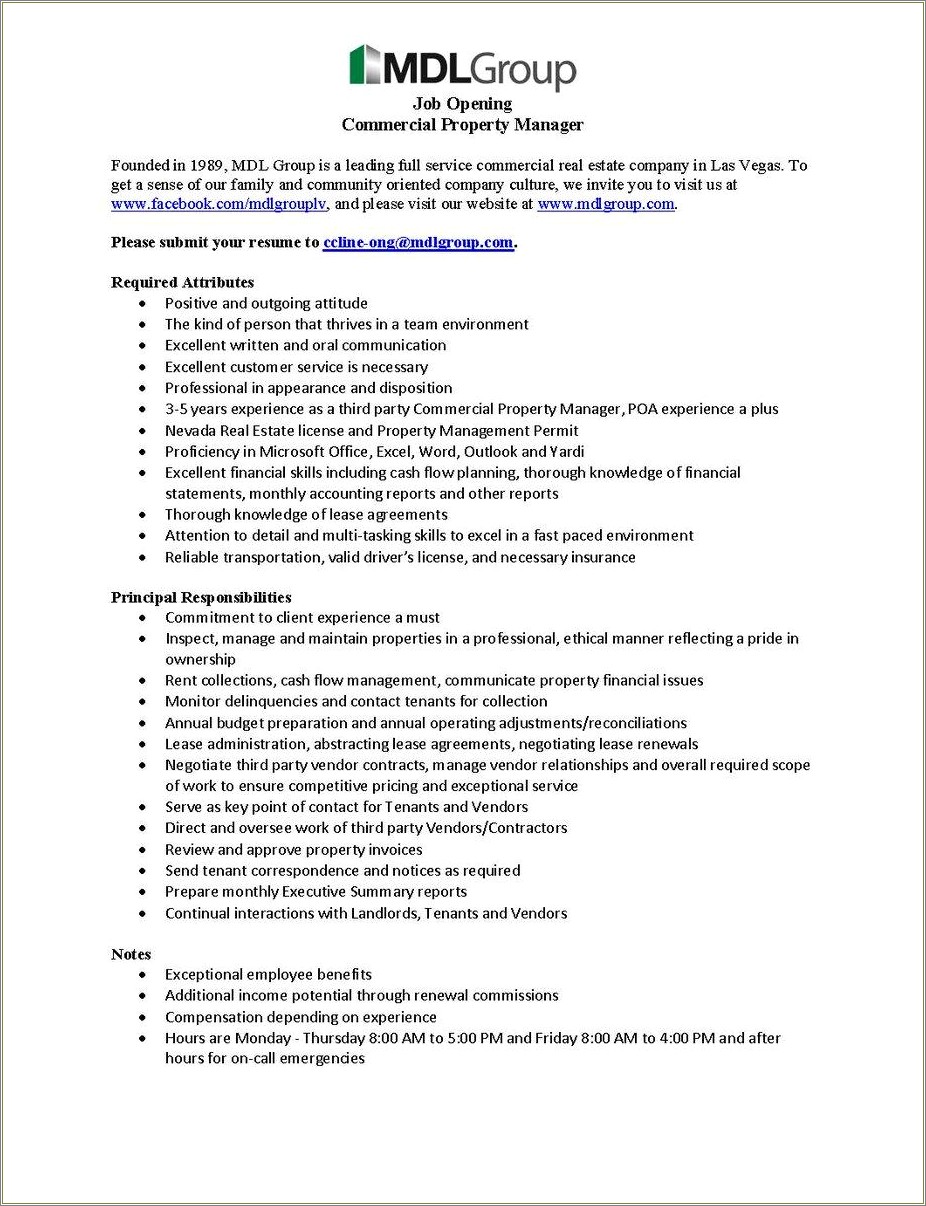 Commercial Property Manager Job Description Resume