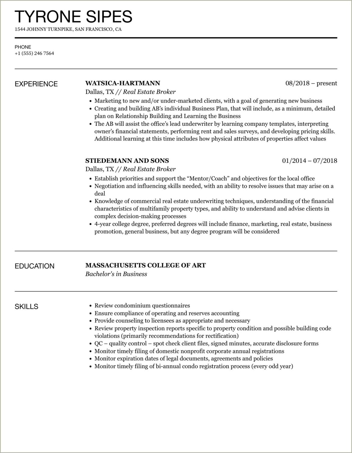 Commercial Real Estate Agent Resume Description