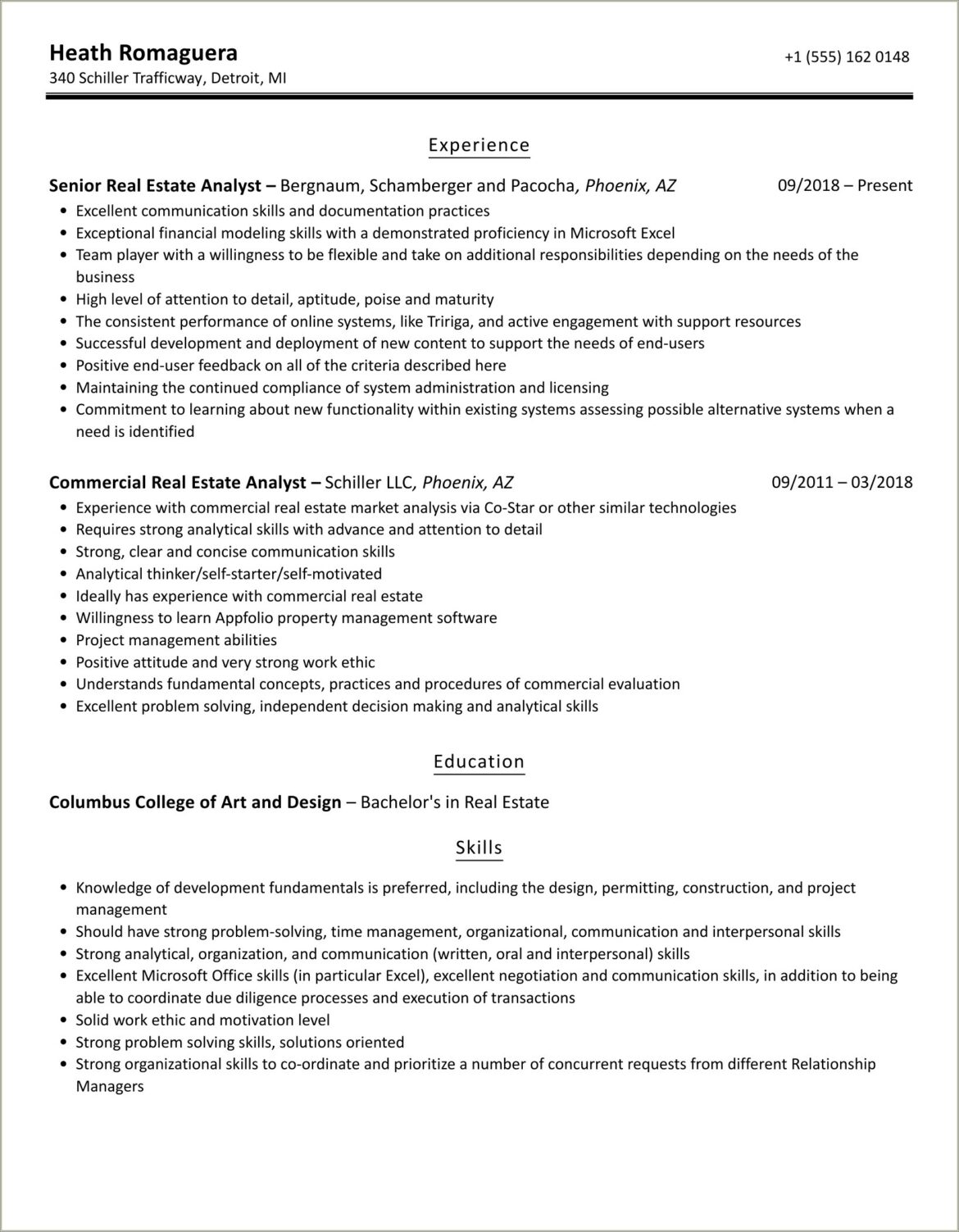 Commercial Real Estate Analyst Sample Resume