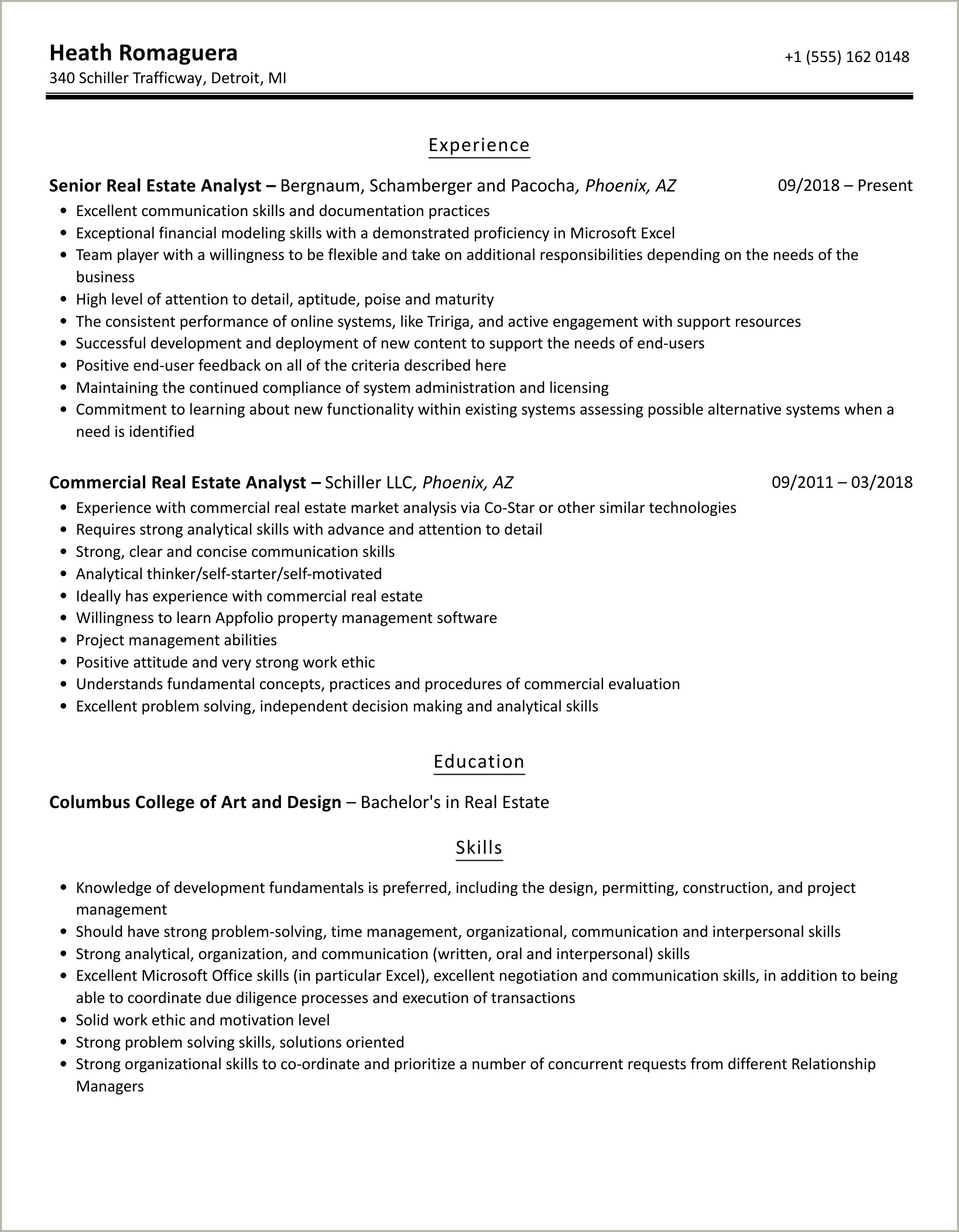 Commercial Real Estate Analyst Sample Resume