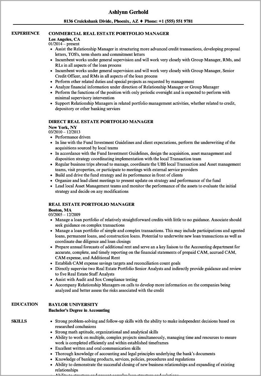 Commercial Real Estate Asset Management Resume