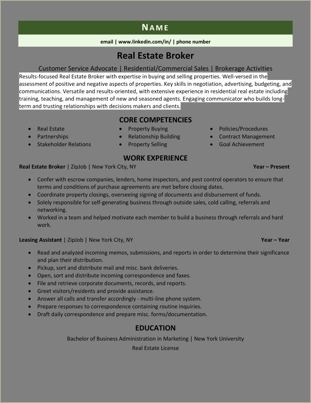 Commercial Real Estate Broker Job Description Resume