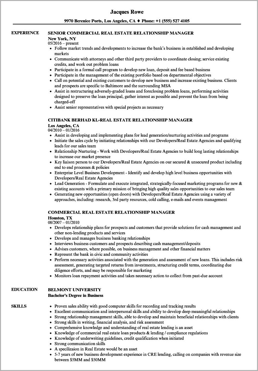 Commercial Real Estate Relationship Manager Resume