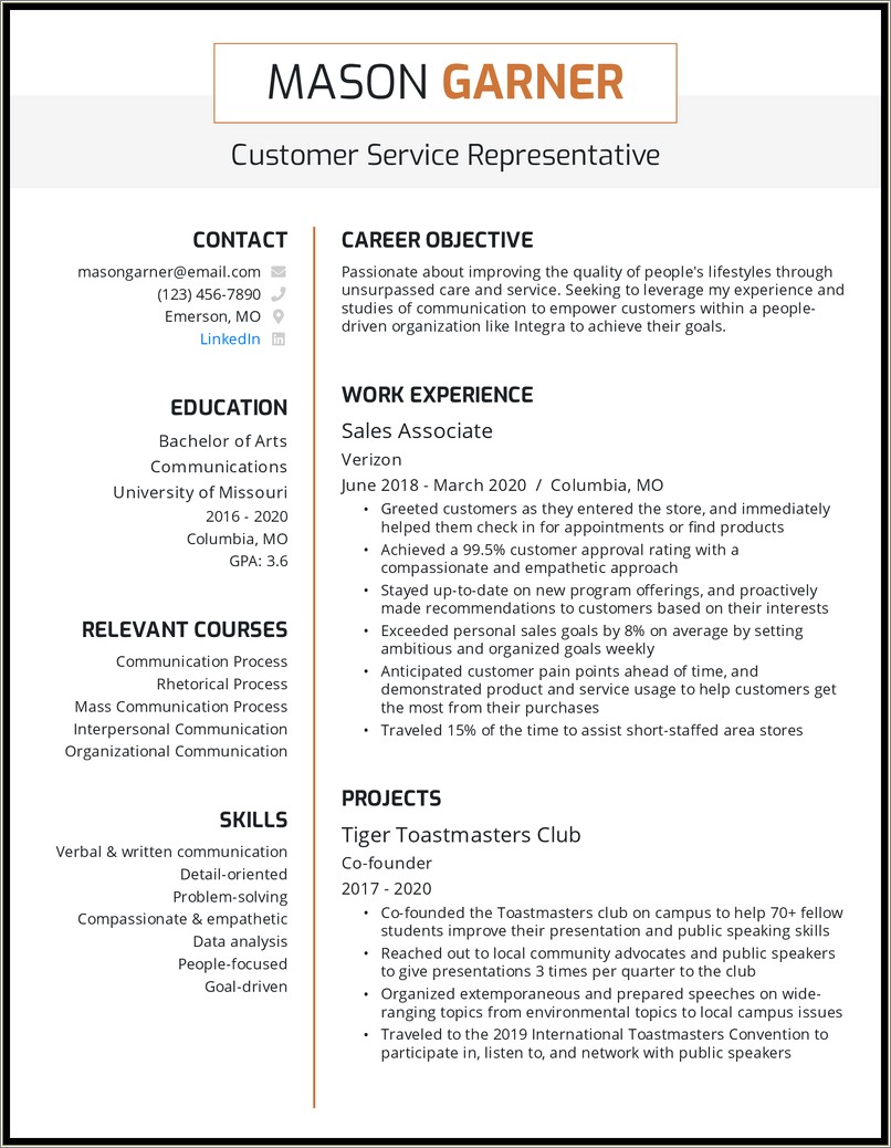 Communication And Customer Service Skills Resume