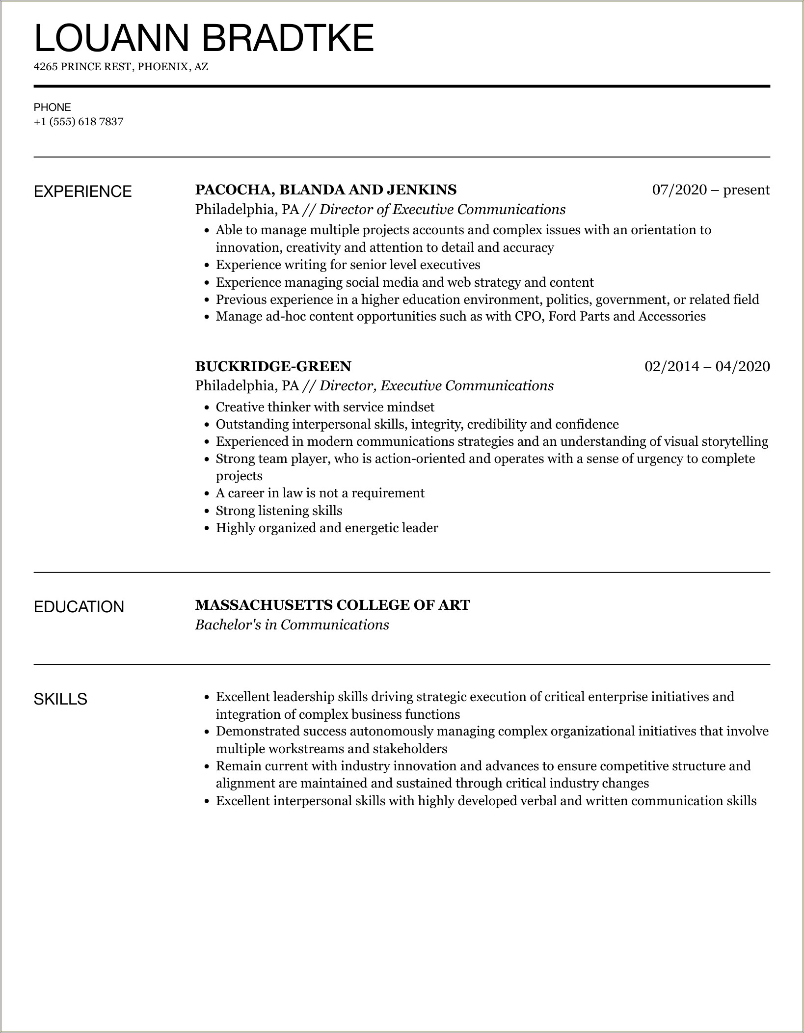 Communications And Executive And Resume Not Samples