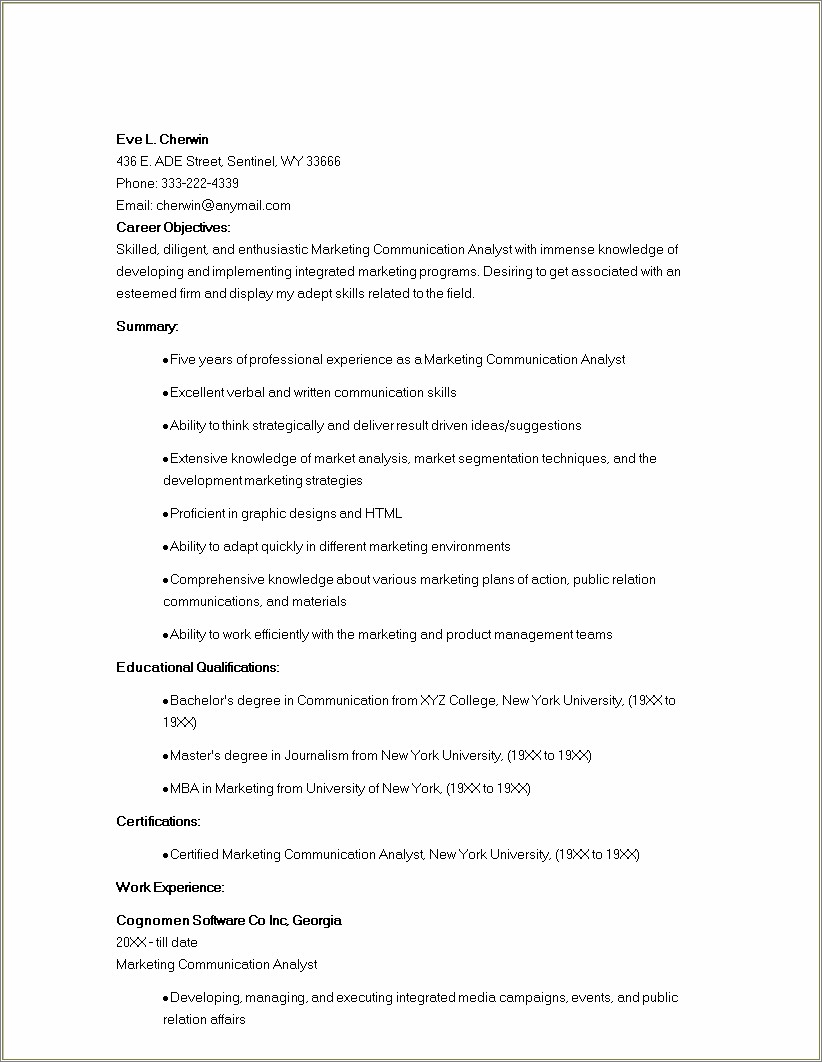 Communications Major Career Objective On Resume