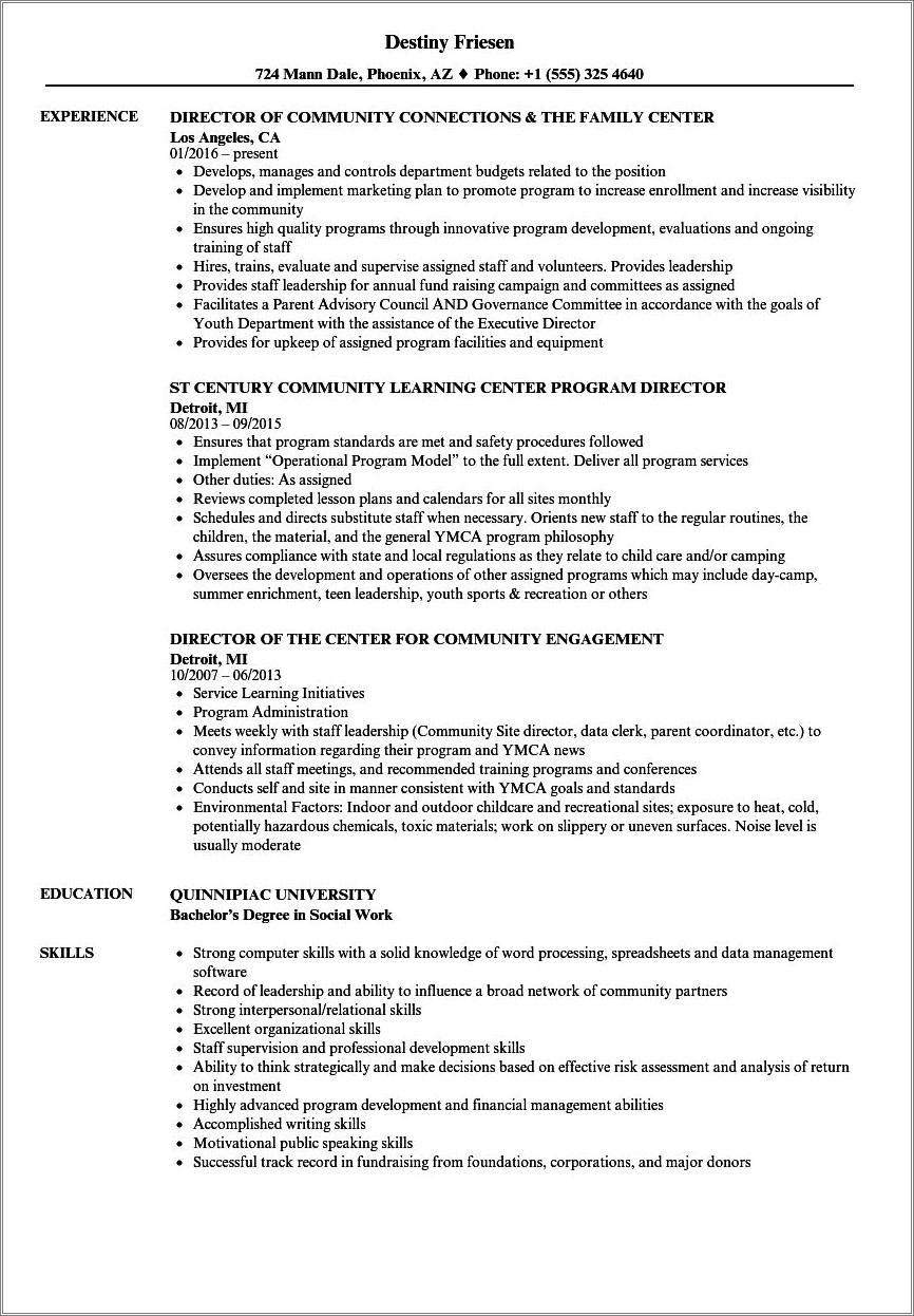 Community Center Worker Duties On Resume