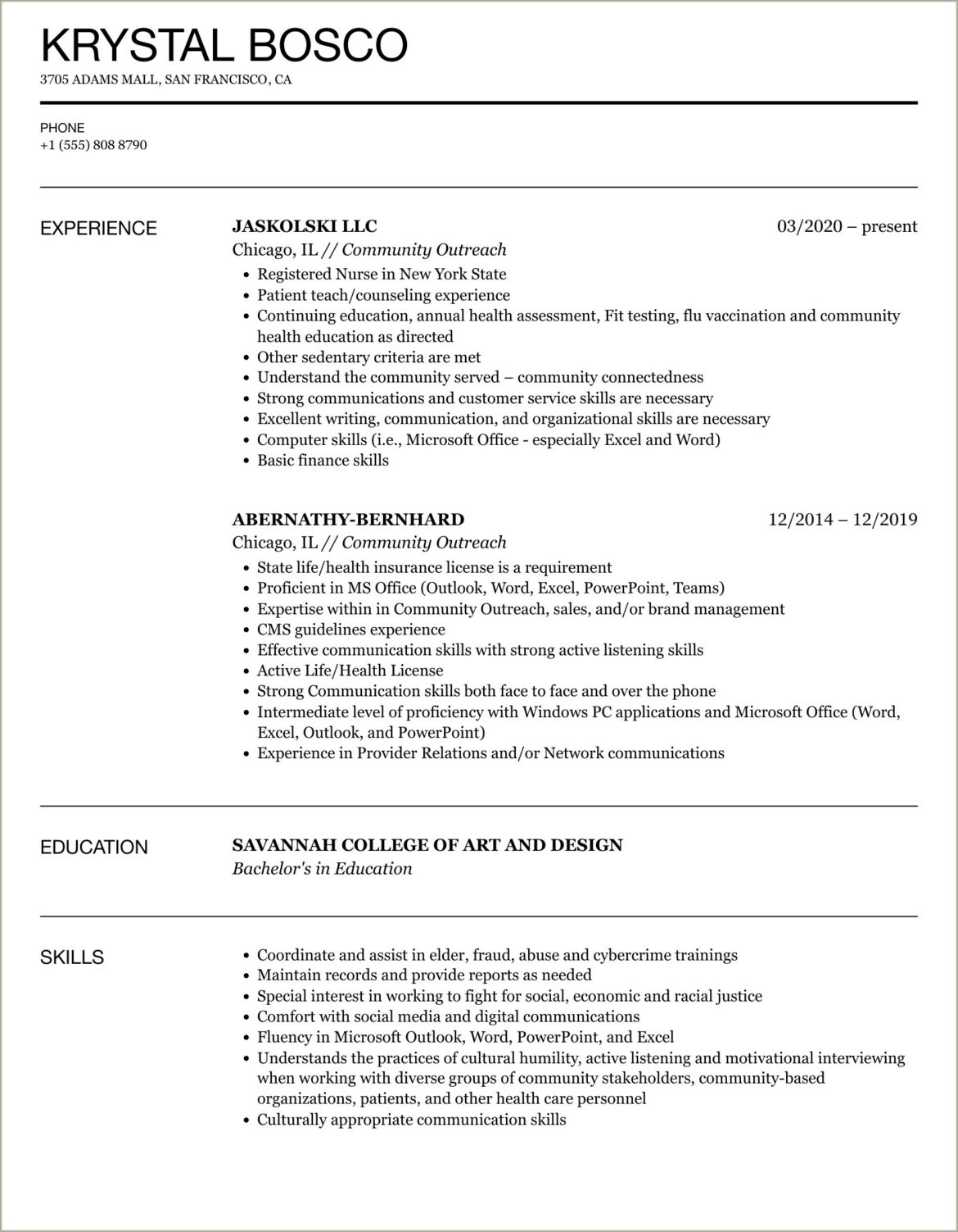 Community Outreach Resume Career Profile Sample