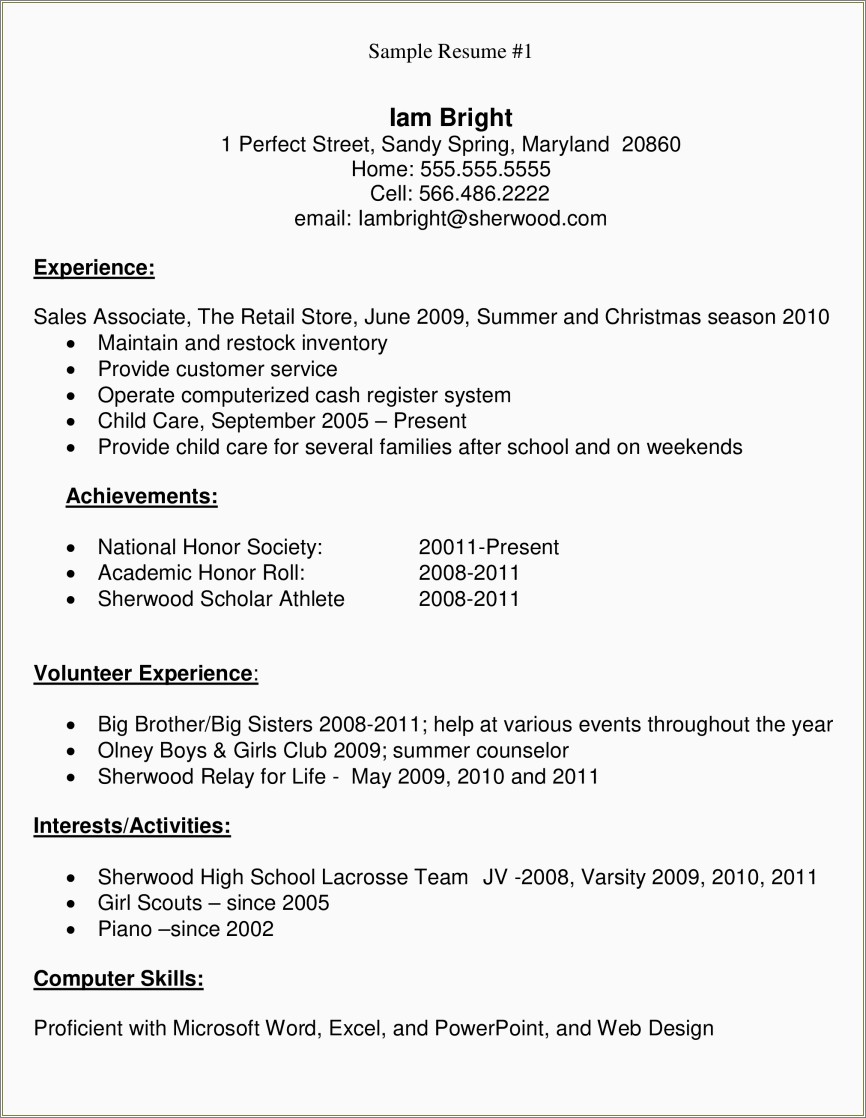 Comning Out Of High School Resume