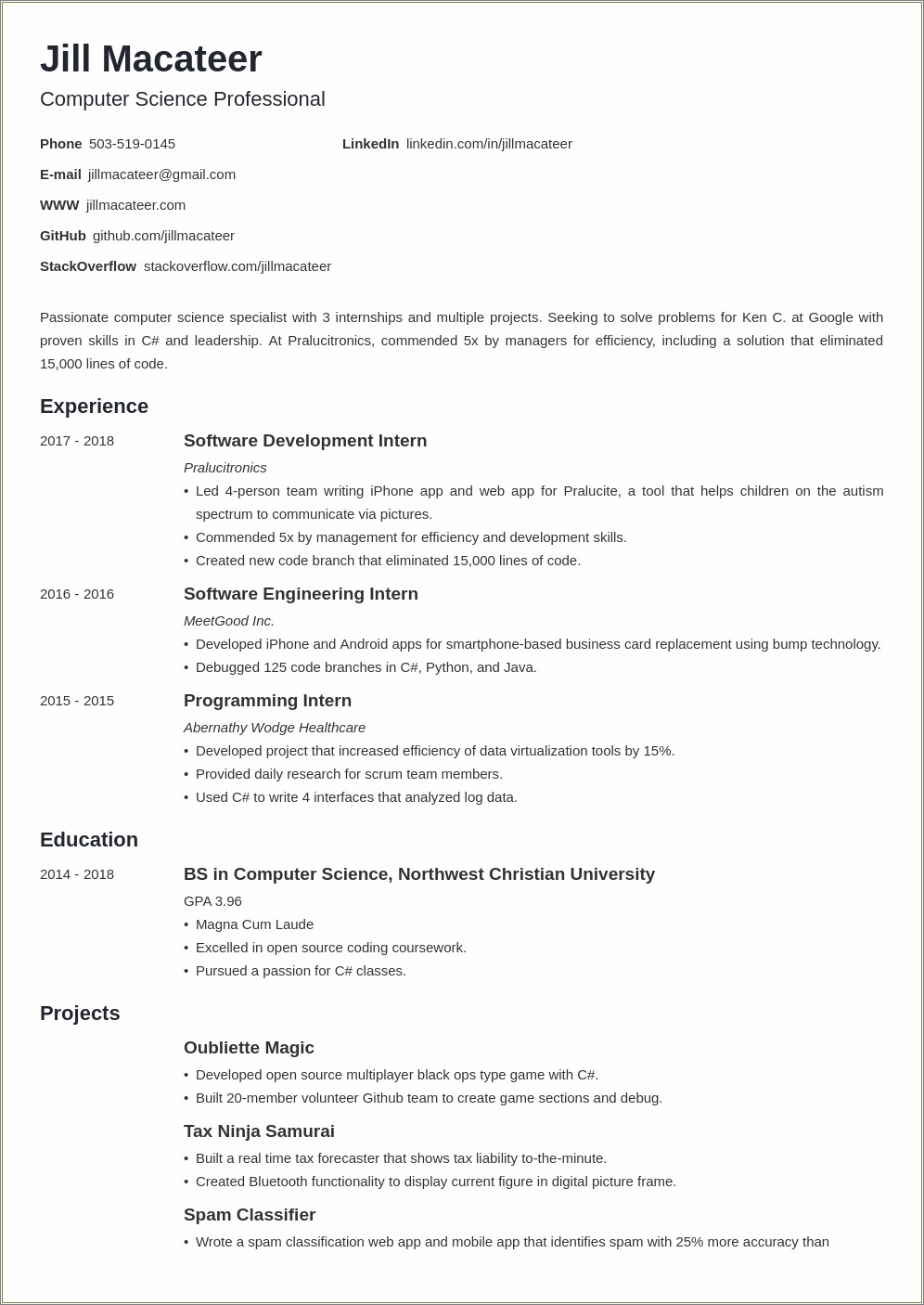 Comp Sci Student Resume No Experience