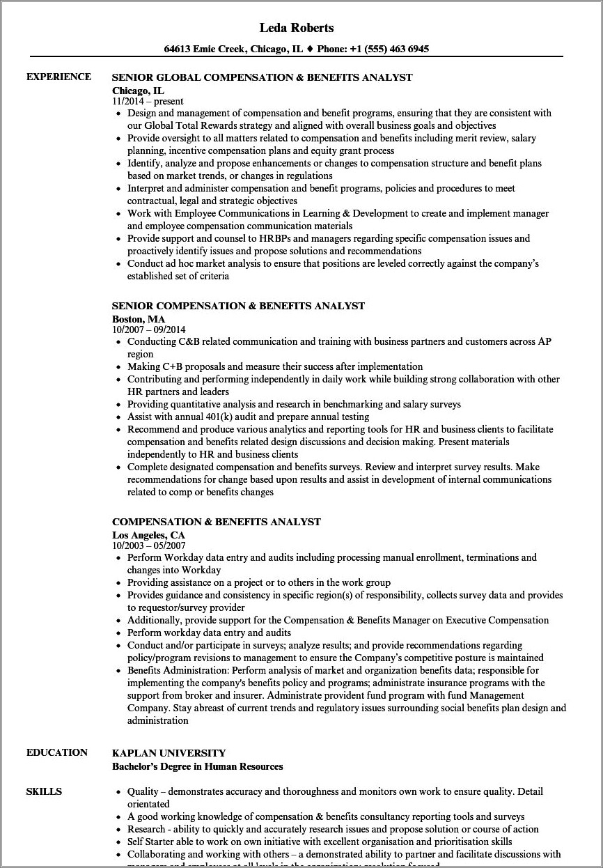 Compensation And Benefits Analyst Resume Sample