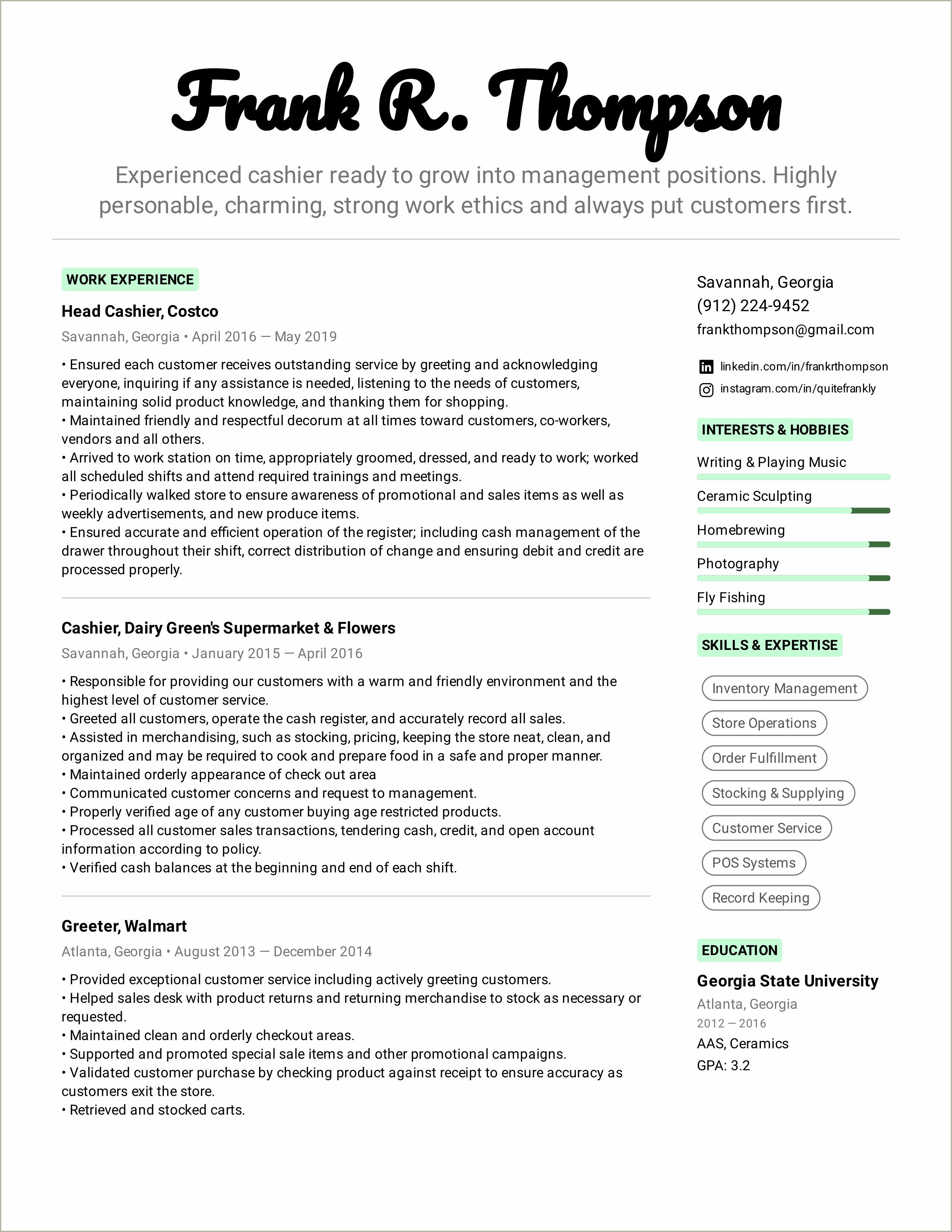 Complete Resume Of A Cashier Example