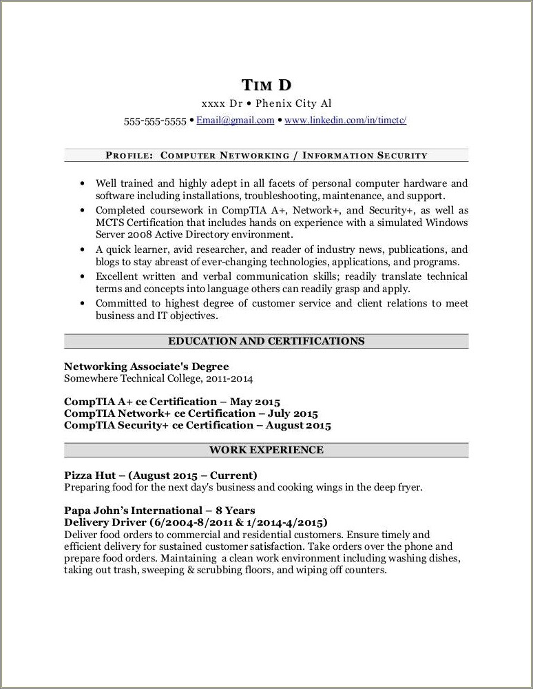 Comptia A Certification Description For Resume