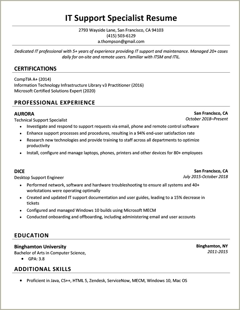 Computer Hardware And Networking Experience Resume Format