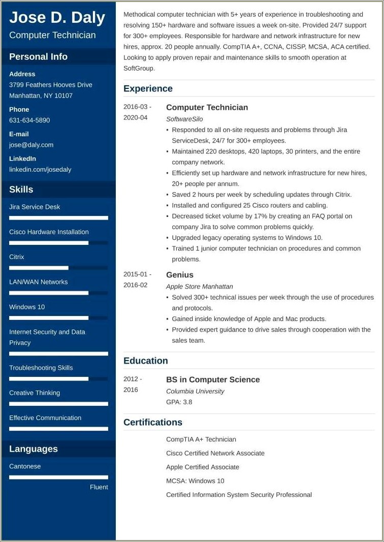 Computer It Repair Technician Example Resume
