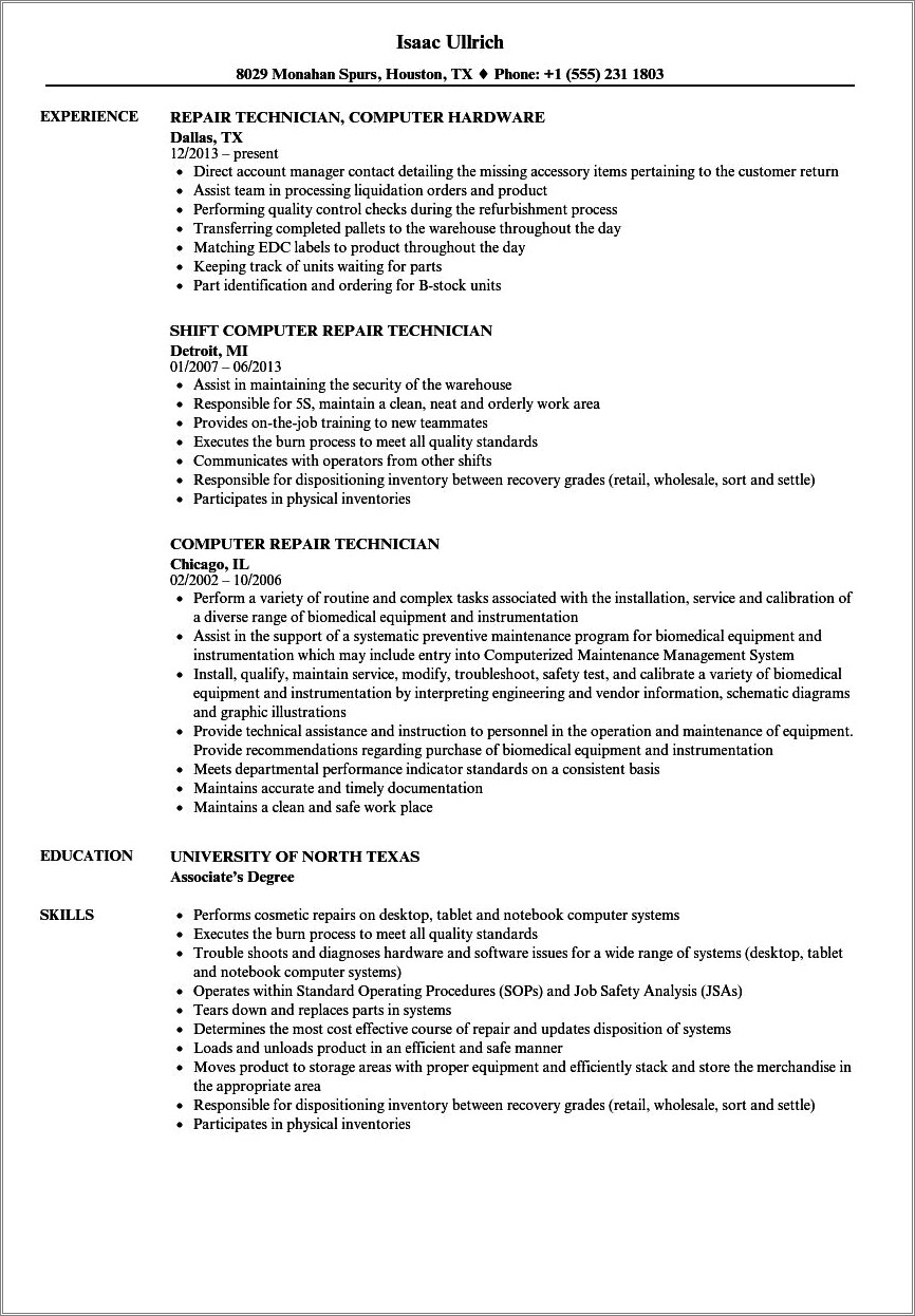 Computer Repair Technician Job Description Resume