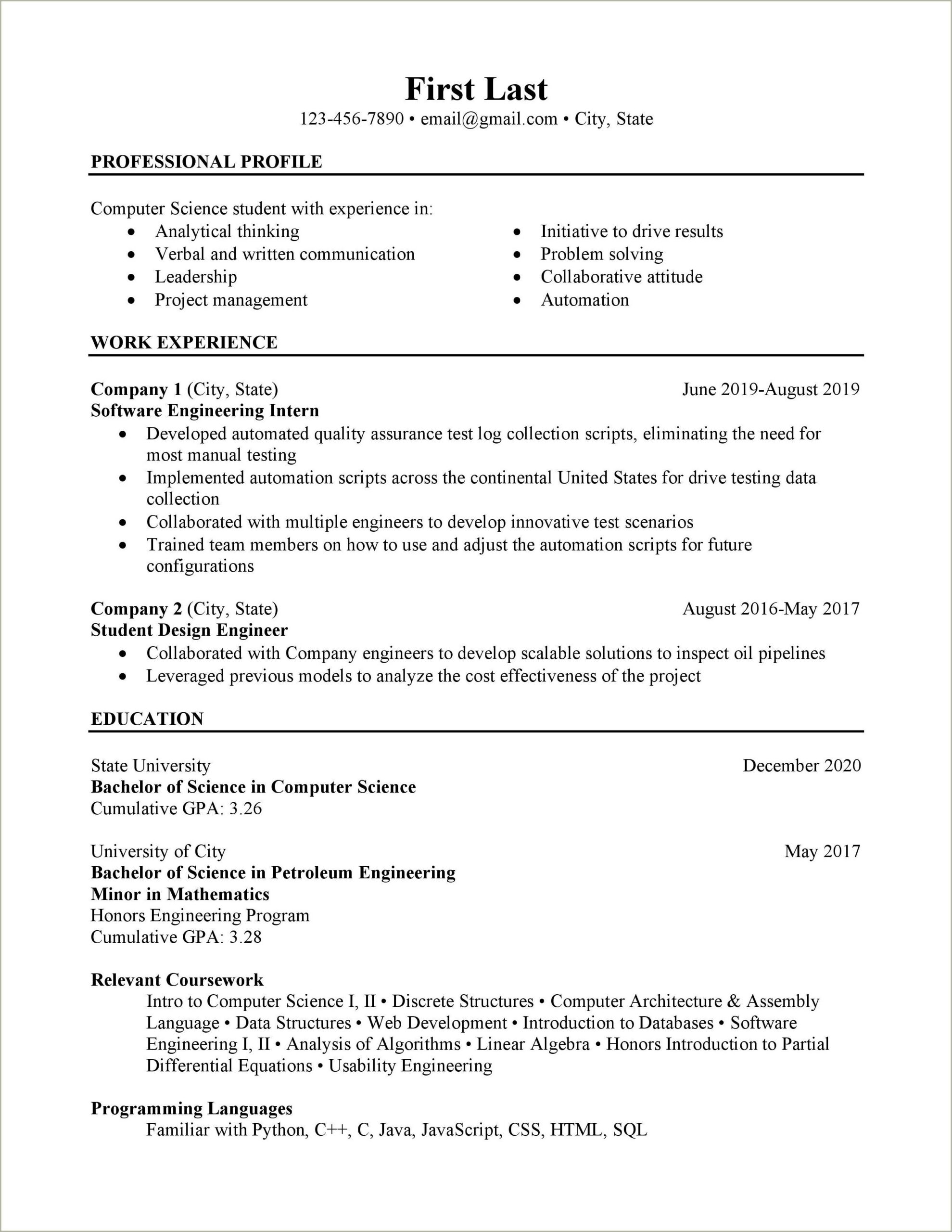 Computer Science College Projects Description On Resume