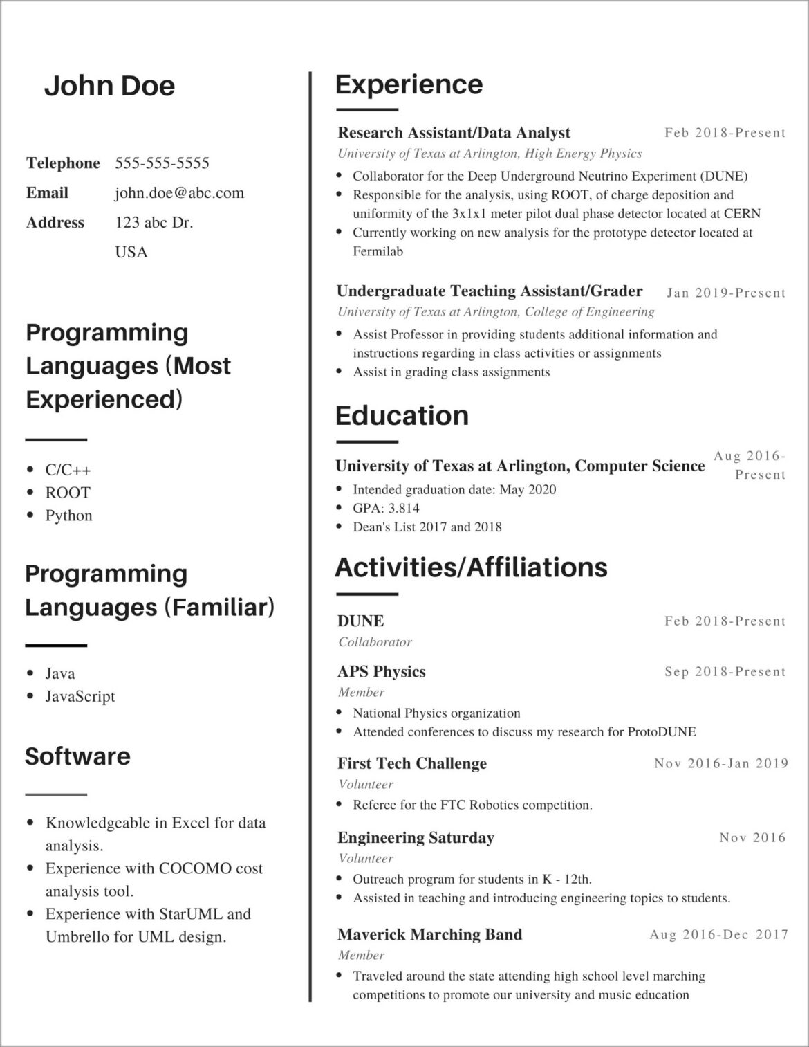 Computer Science Graduate Internship Resume Sample