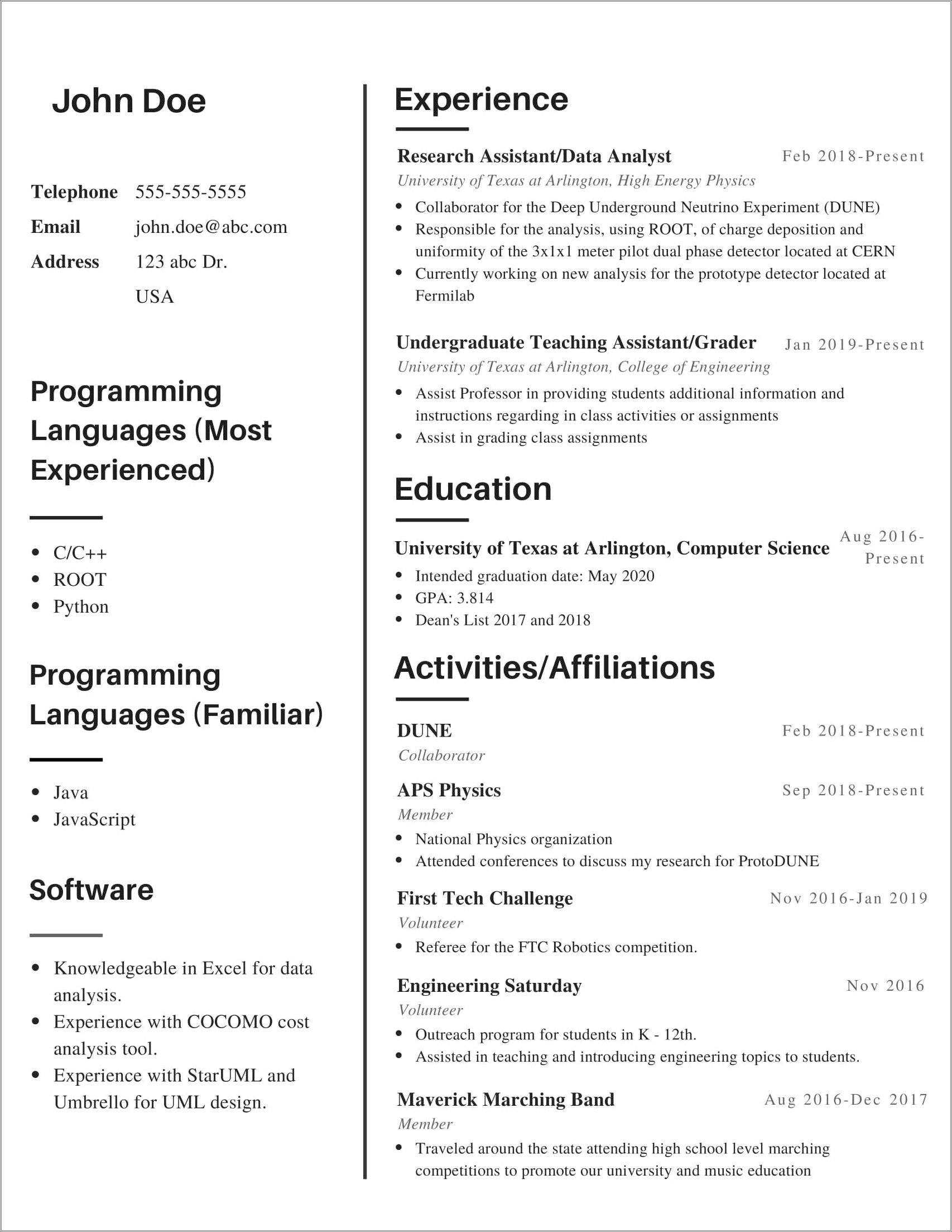 Computer Science Graduate Internship Resume Sample