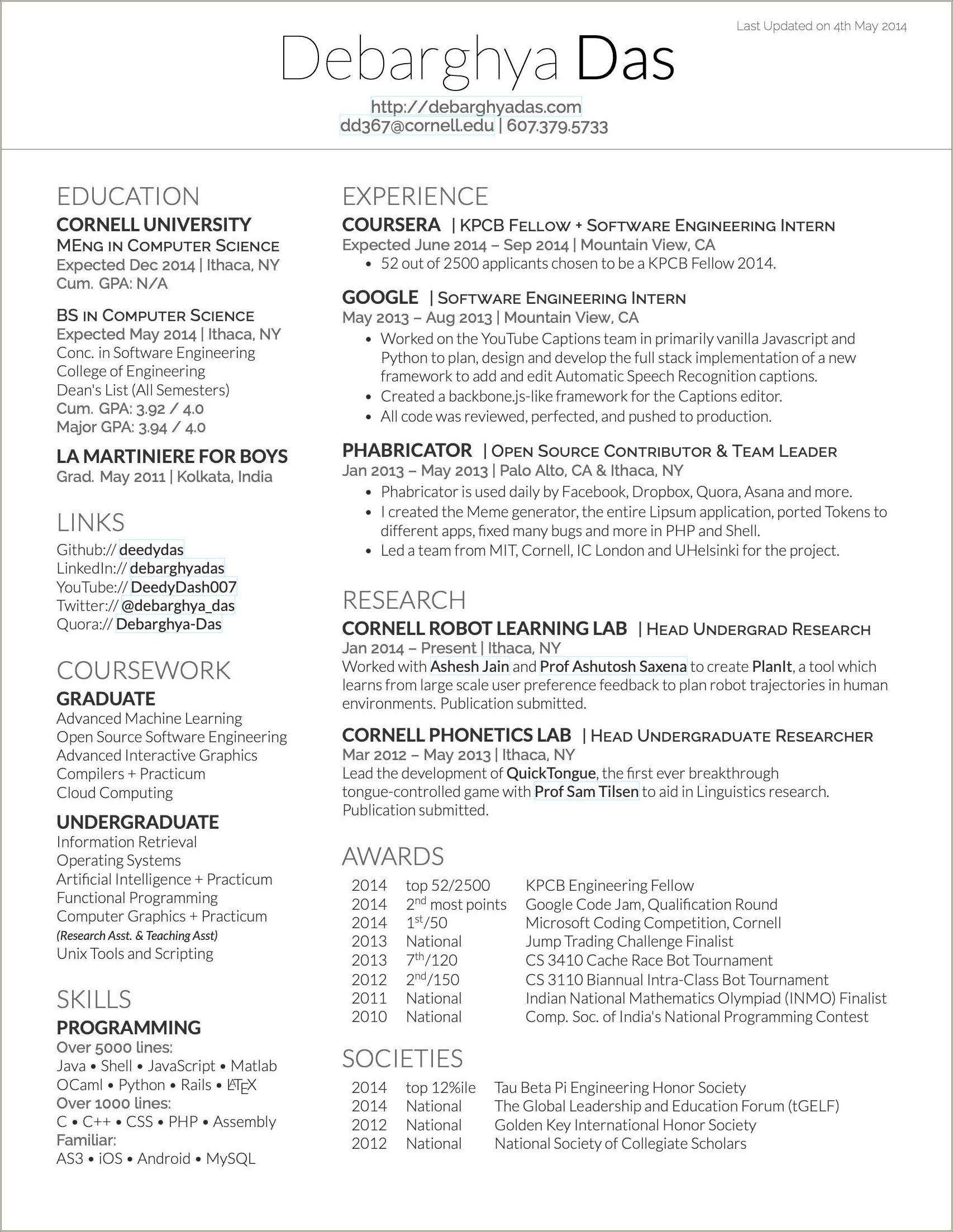 Computer Science New Grad Resume Examples