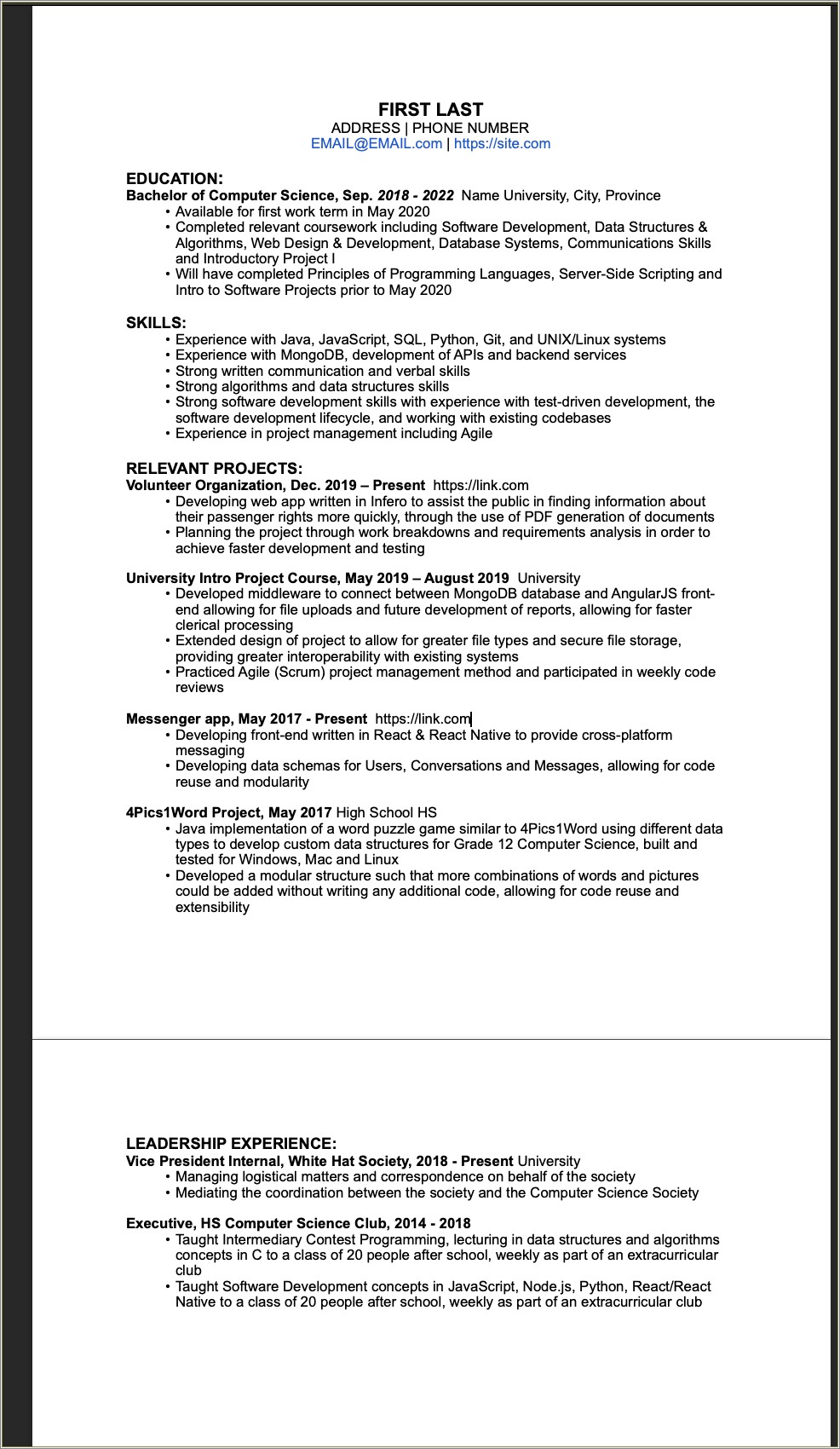 Computer Science Resume Education Or Experience First