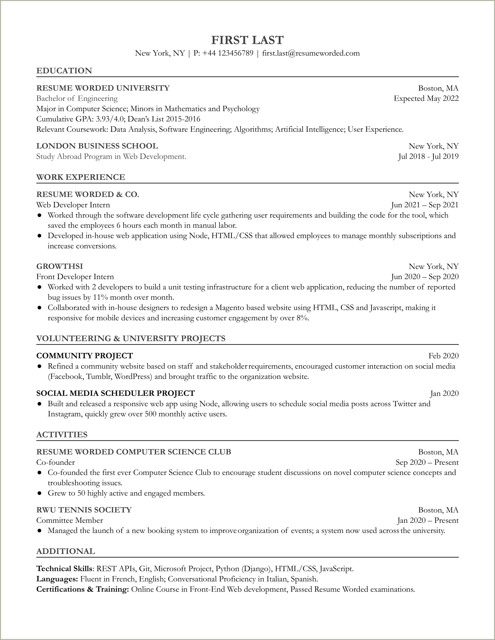 Computer Science Resume Example Entry Level