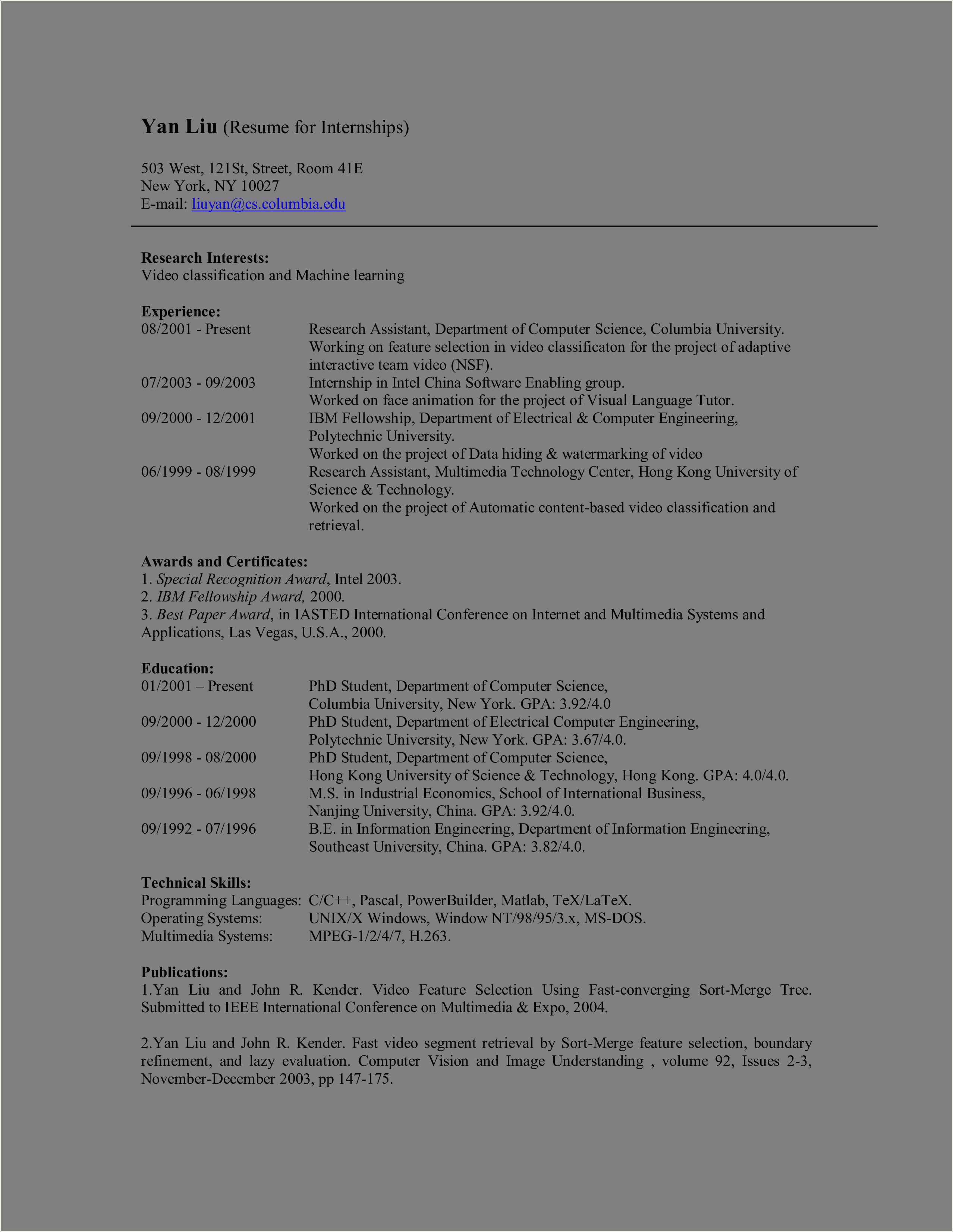 Computer Science Resume Examples Stony Brook